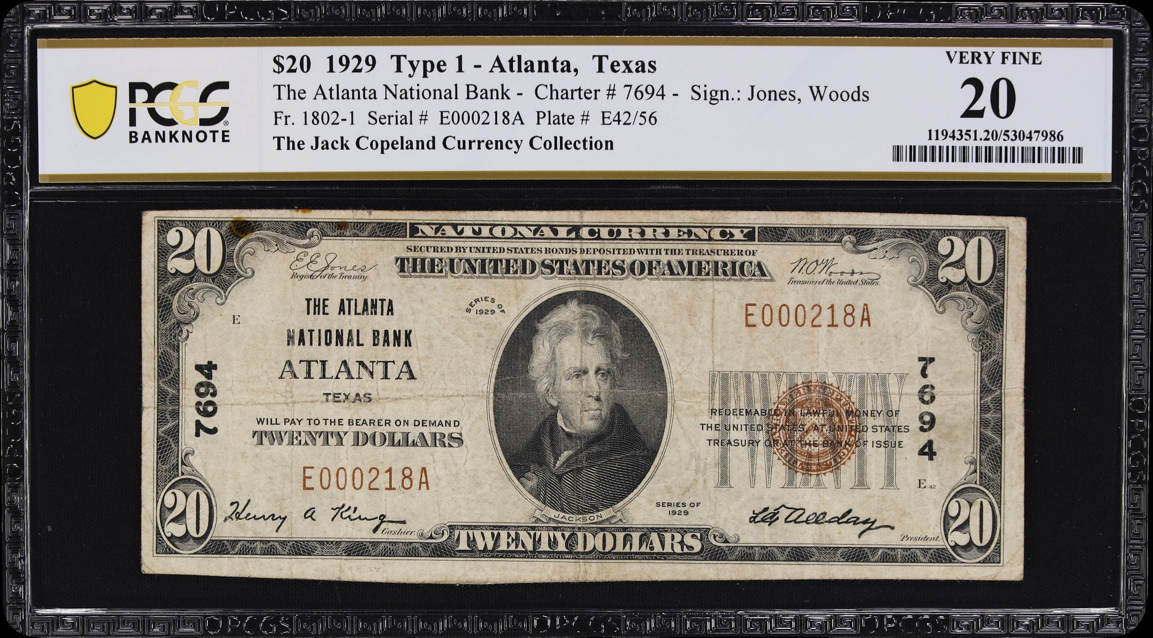 Atlanta, Texas. $20 1929 Ty. 1. Fr. 1802-1. Atlanta NB. Charter #7694.