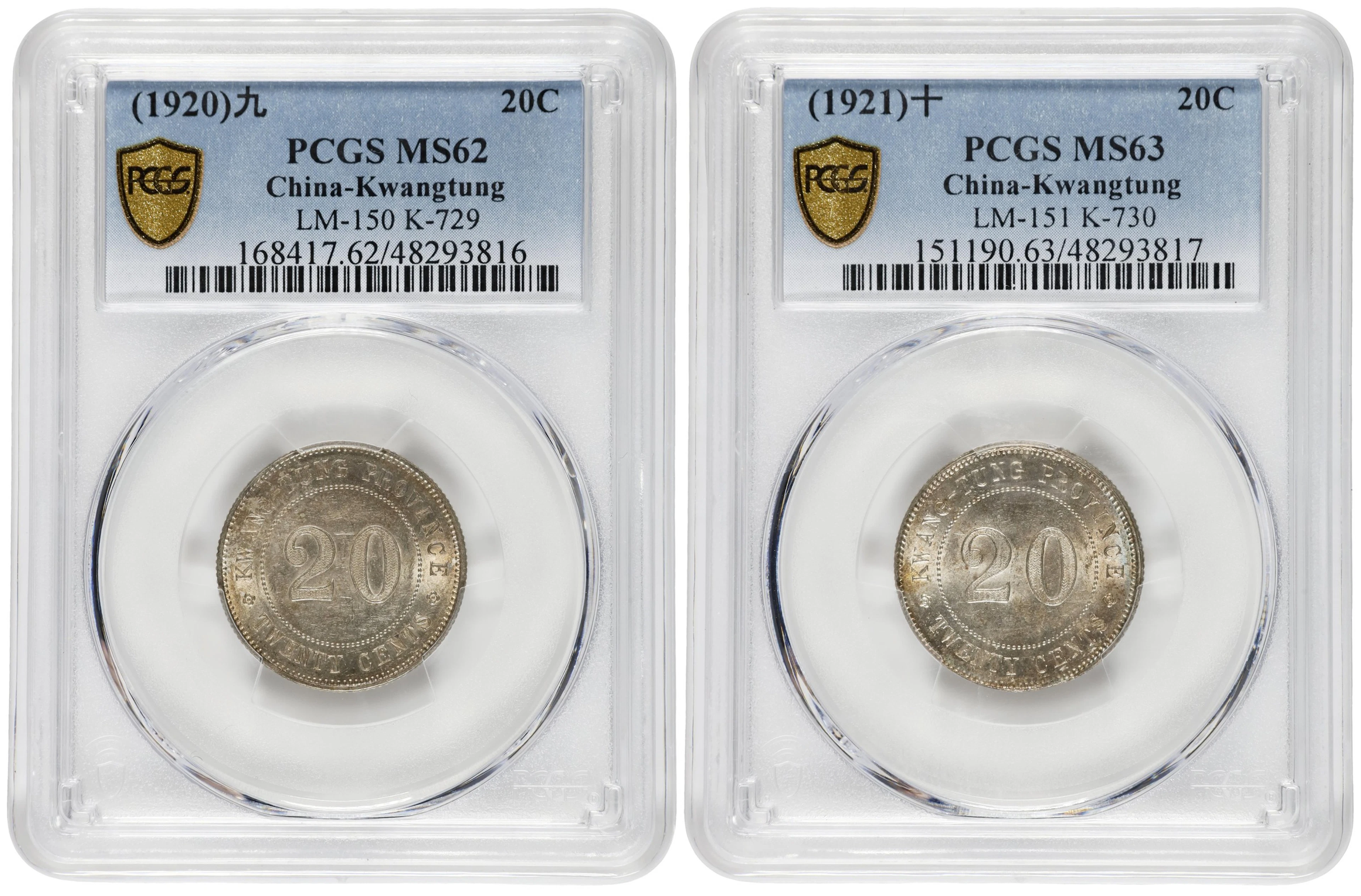 (t) CHINA. Kwangtung. Duo of 20 Cents (2 Pieces), Years 9 & 10 (1920