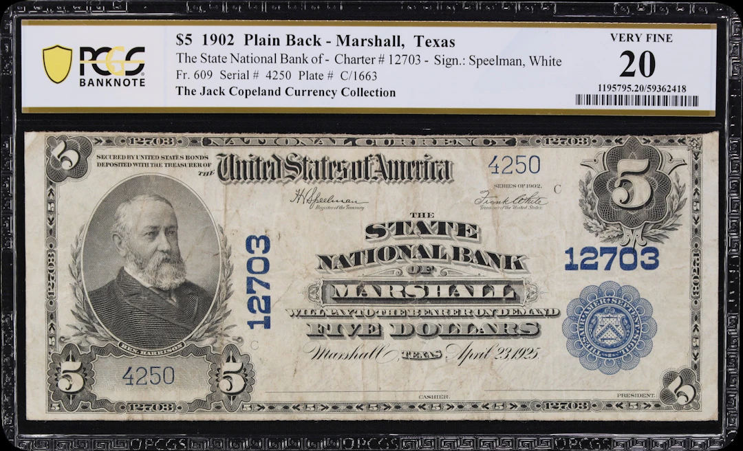 Marshall, Texas. $5 1902 Plain Back. Fr. 609. State NB. Charter #12703.