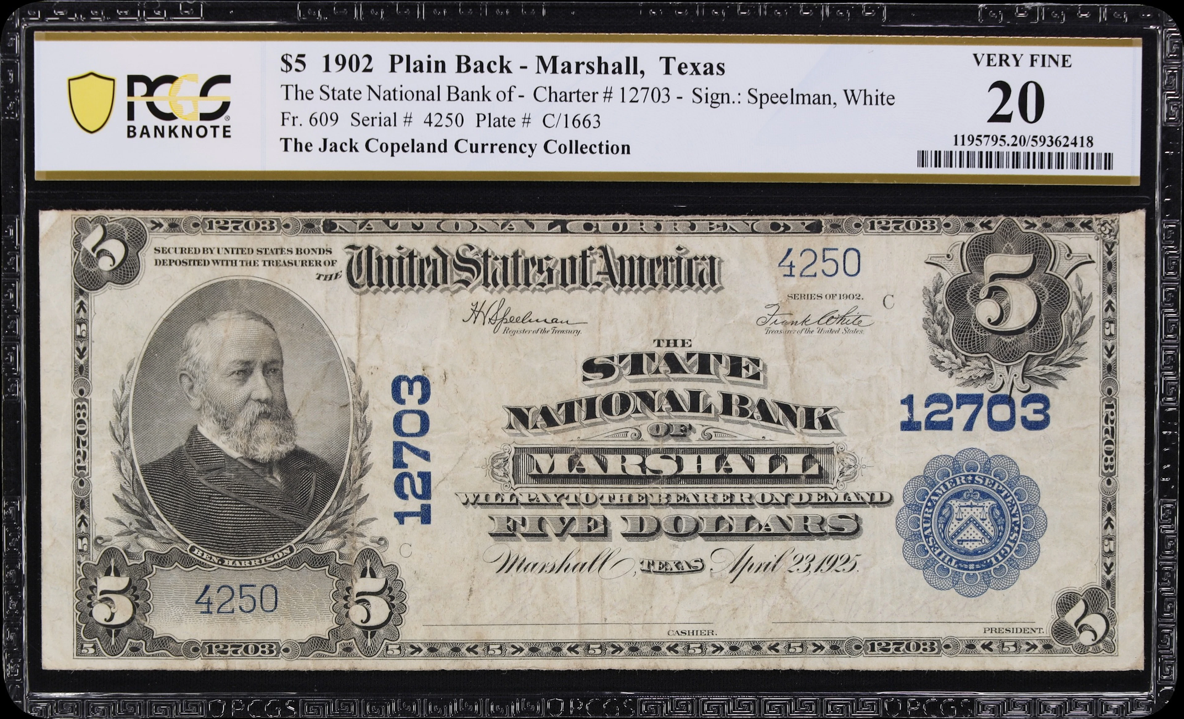 Marshall, Texas. $5 1902 Plain Back. Fr. 609. State NB. Charter #12703.