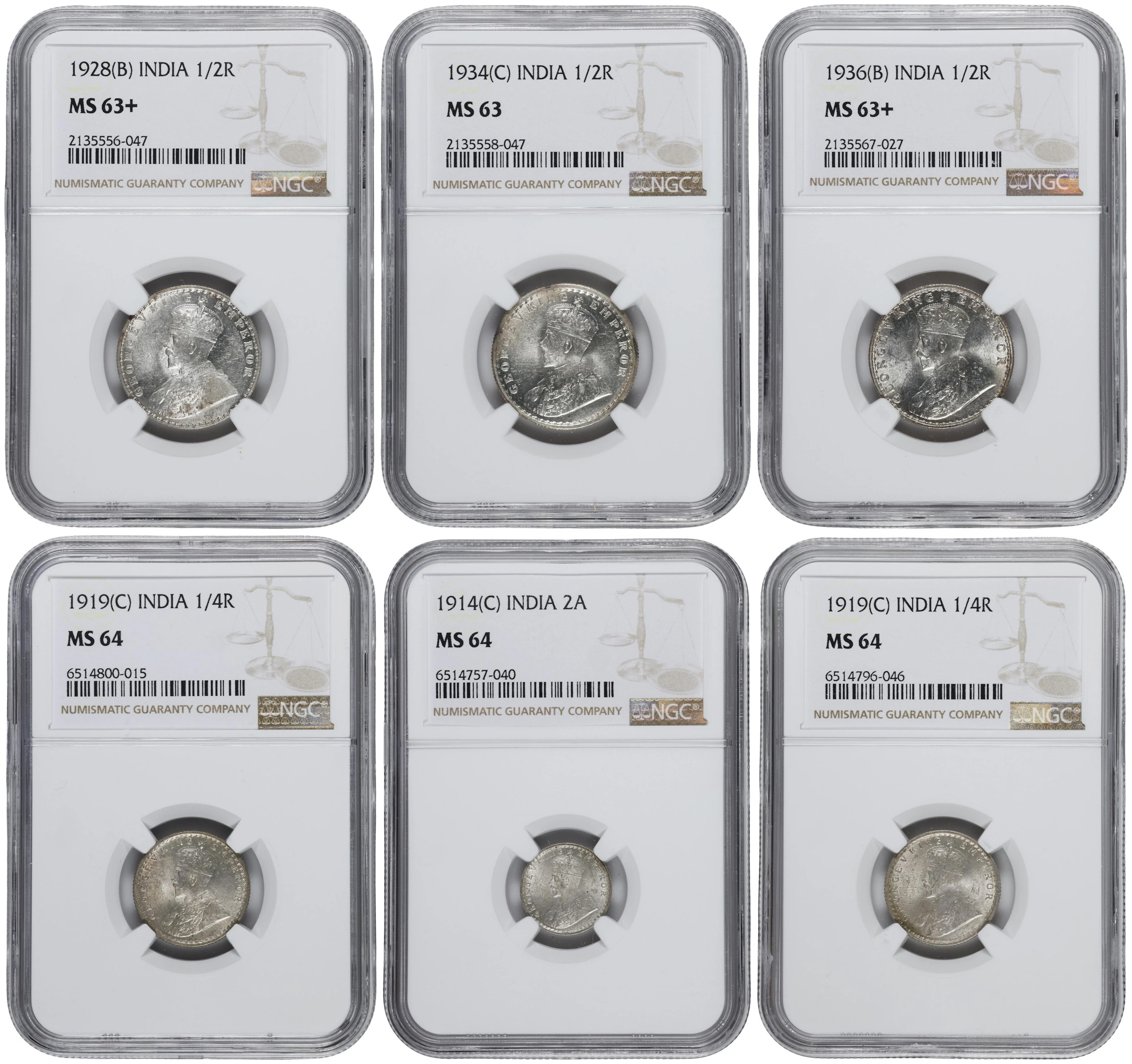 INDIA. Sextet of Silver Denominations (6 Pieces), 1914-36. George