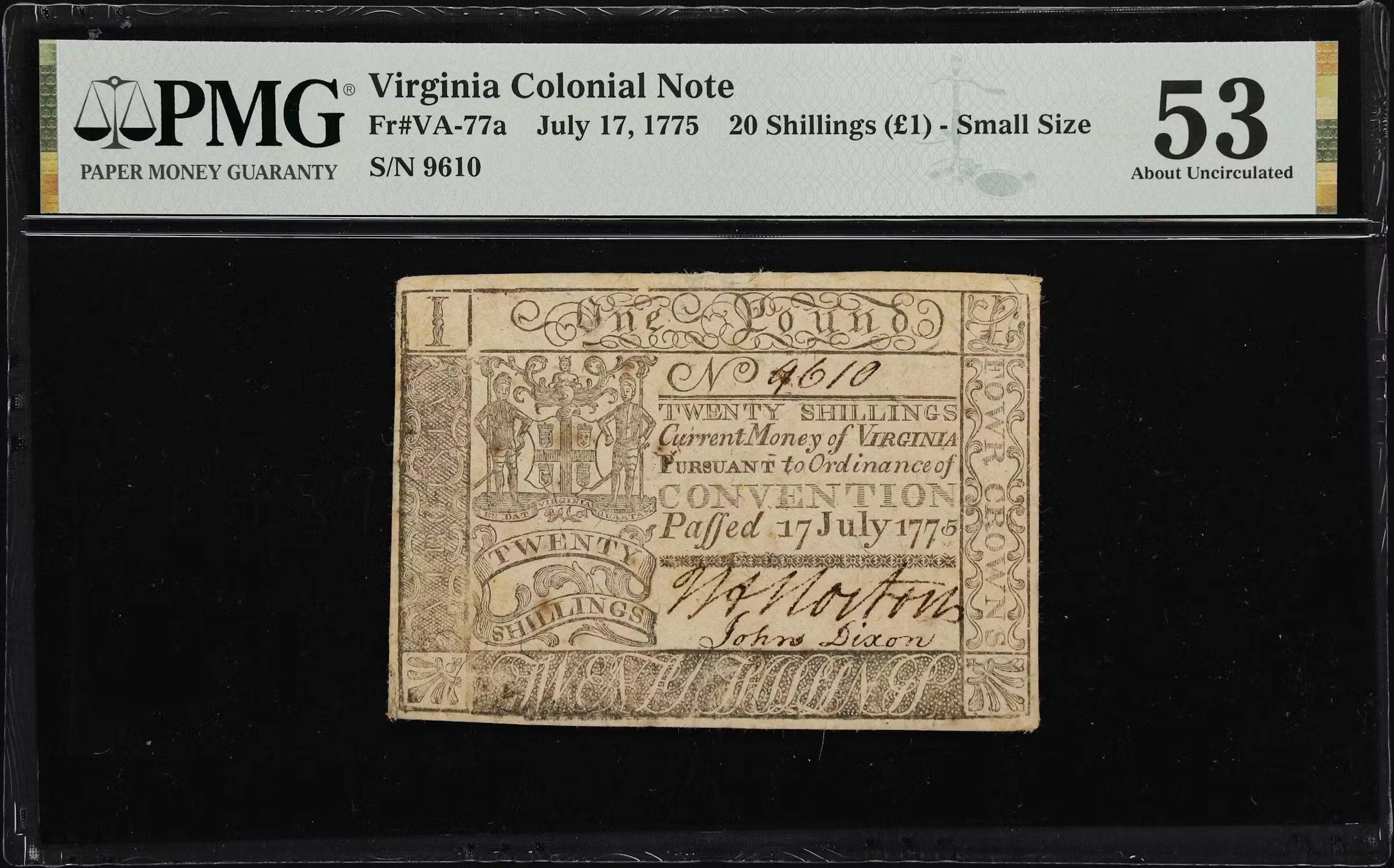 VA-77a. Virginia. July 17, 1775. 20 Shillings. PMG About Uncirculated 53.