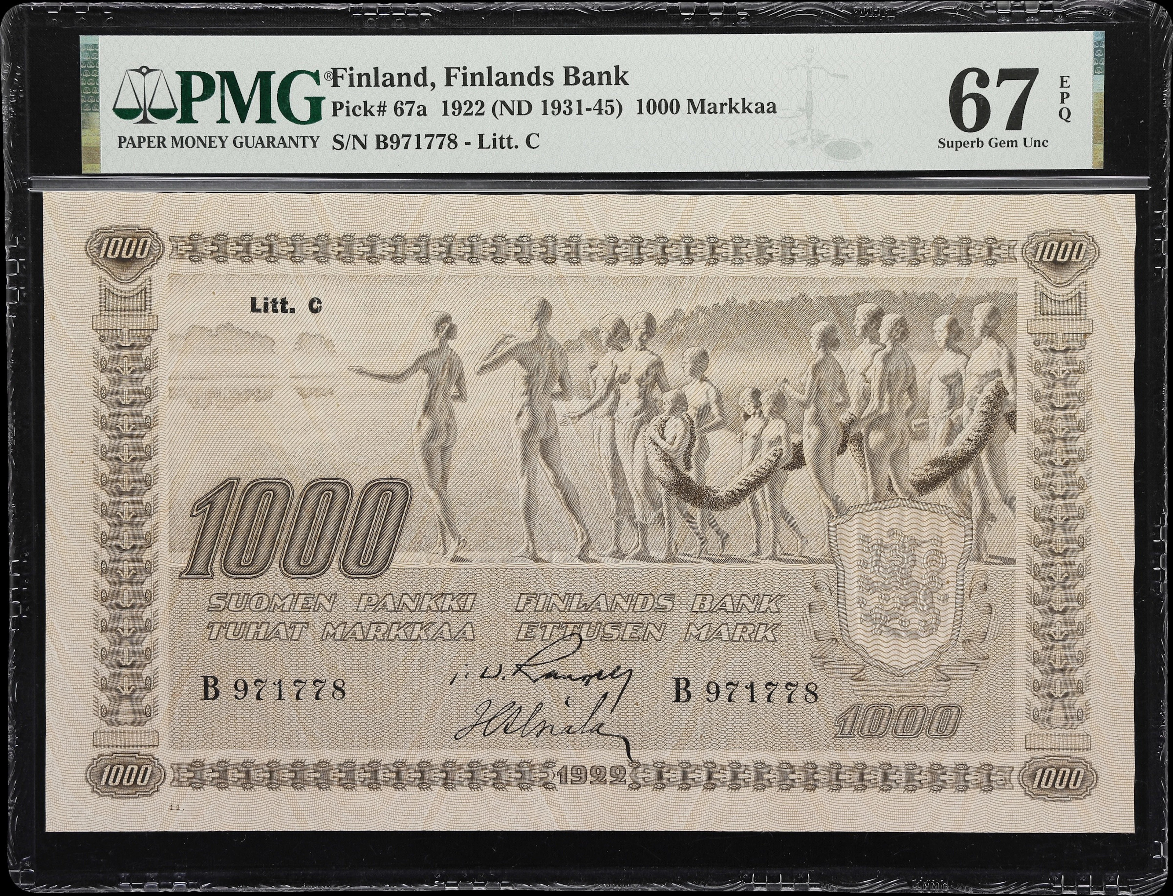 (◊) FINLAND. Finlands Bank. 1000 Markkaa, 1922 (ND 1931-45). P-67a.