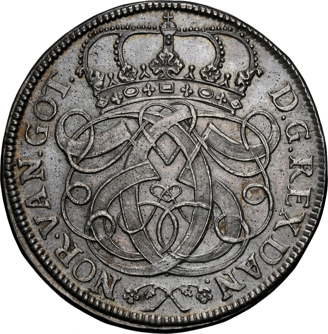 DENMARK. 2 Krone, 1691. Copenhagen Mint. Christian V. NGC Unc Details--Cleaned.