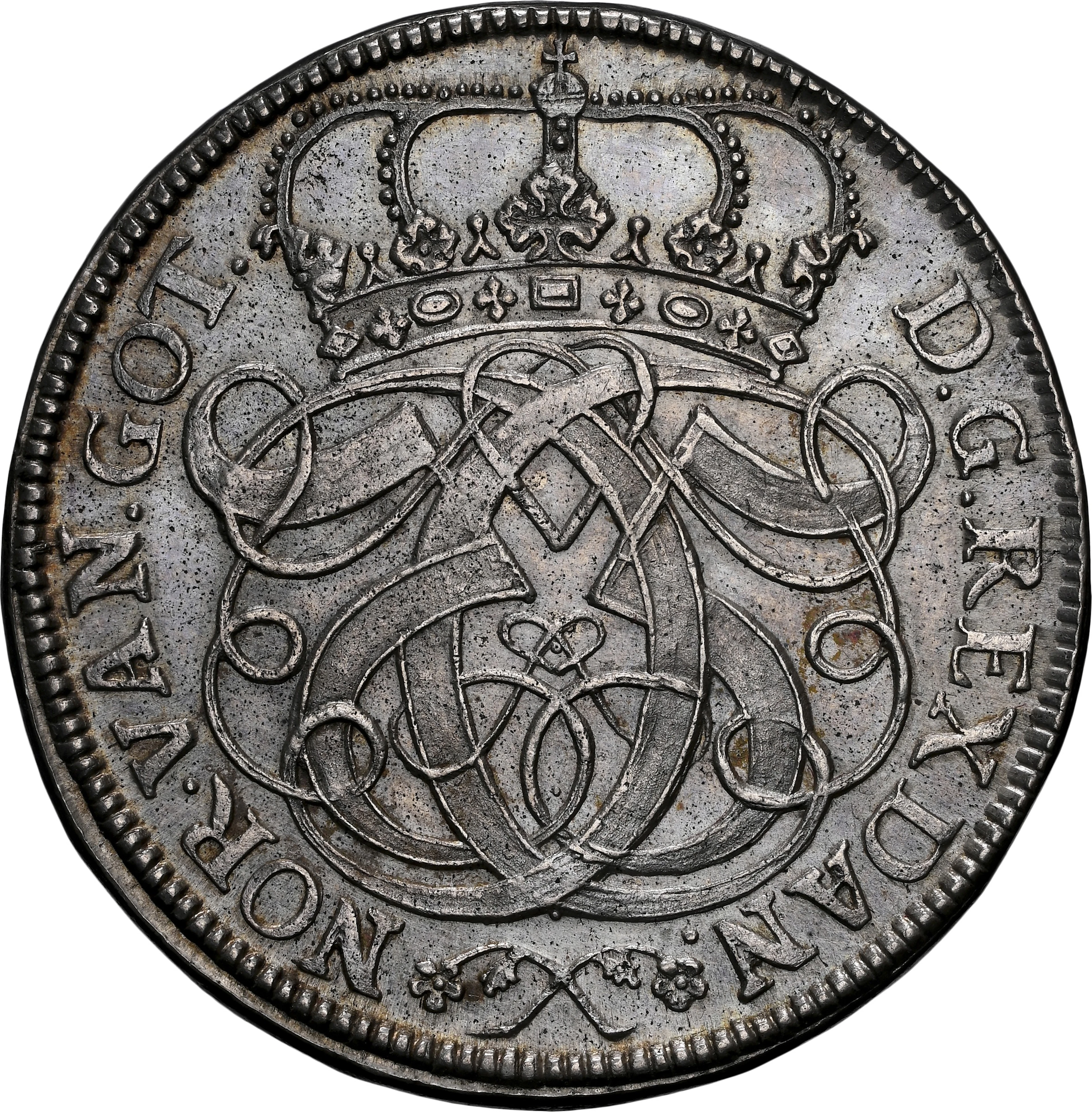DENMARK. 2 Krone, 1691. Copenhagen Mint. Christian V. NGC Unc Details--Cleaned.