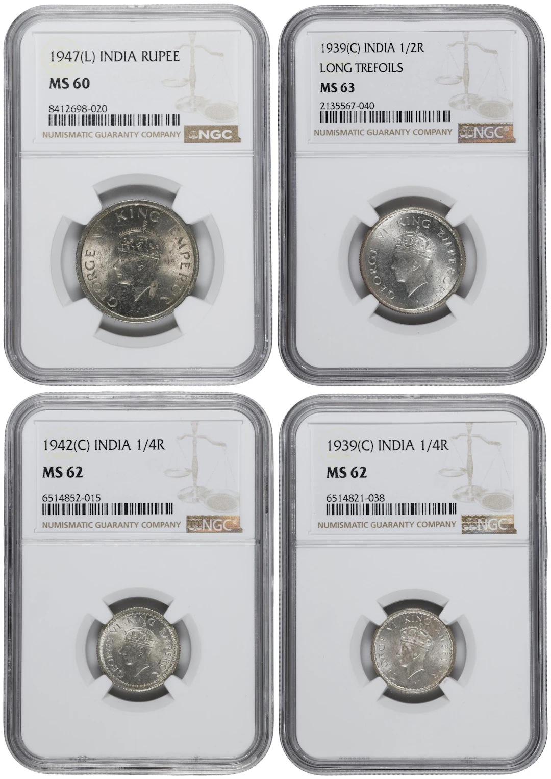 INDIA. Quartet of Mixed Denominations, 1939-47. George VI. All NGC Certified.