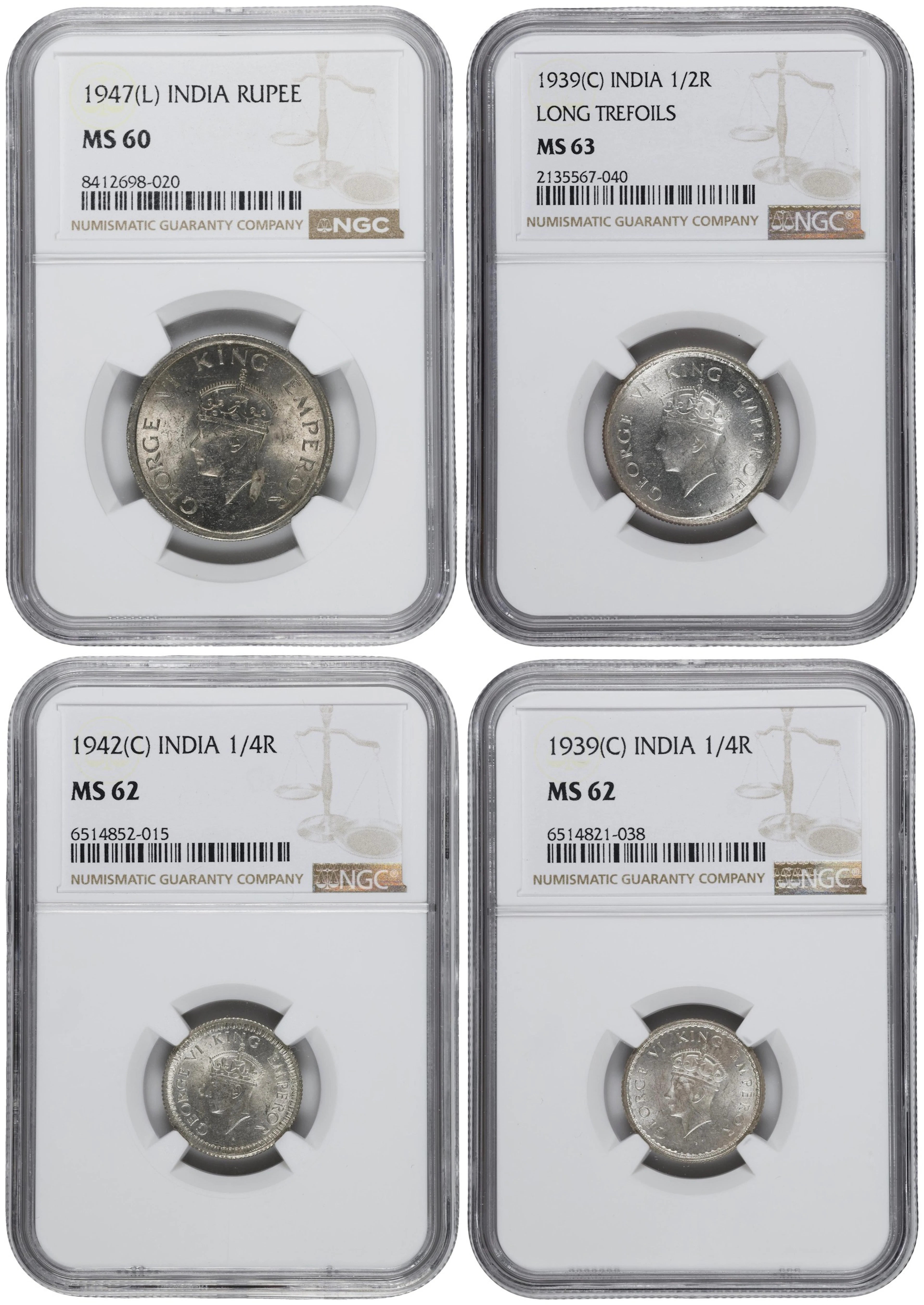INDIA. Quartet of Mixed Denominations, 1939-47. George VI. All NGC Certified.