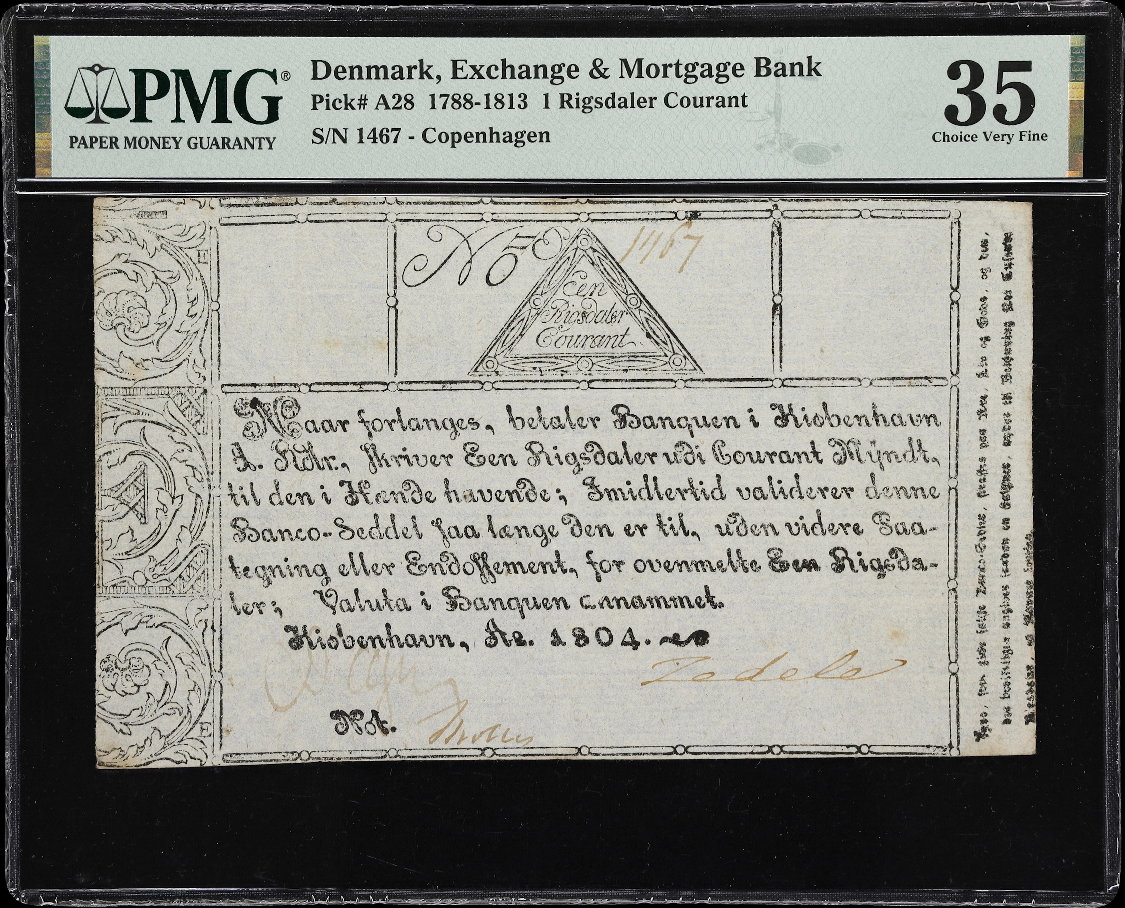(◊) DENMARK. Exchange & Mortgage Bank. 1 Rigsdaler Courant, 1804.