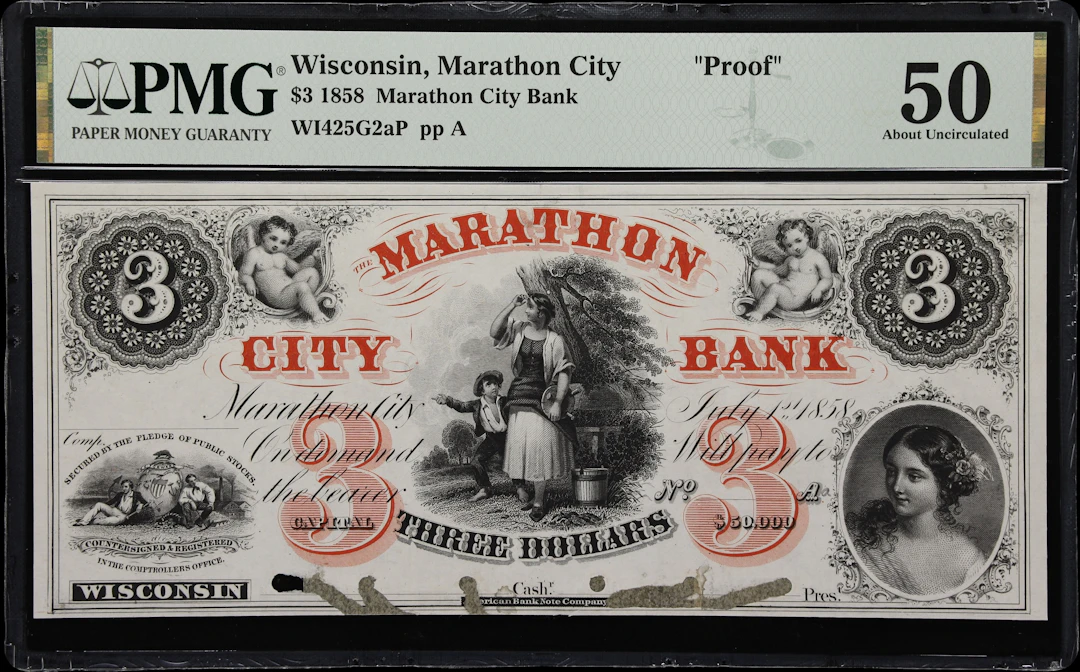 Marathon City, Wisconsin. Marathon City Bank. 1858 $3. PMG About Uncirculated