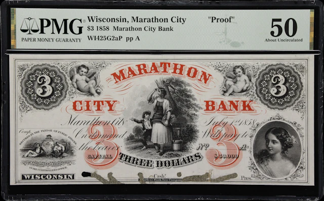 Marathon City, Wisconsin. Marathon City Bank. 1858 $3. PMG About Uncirculated
