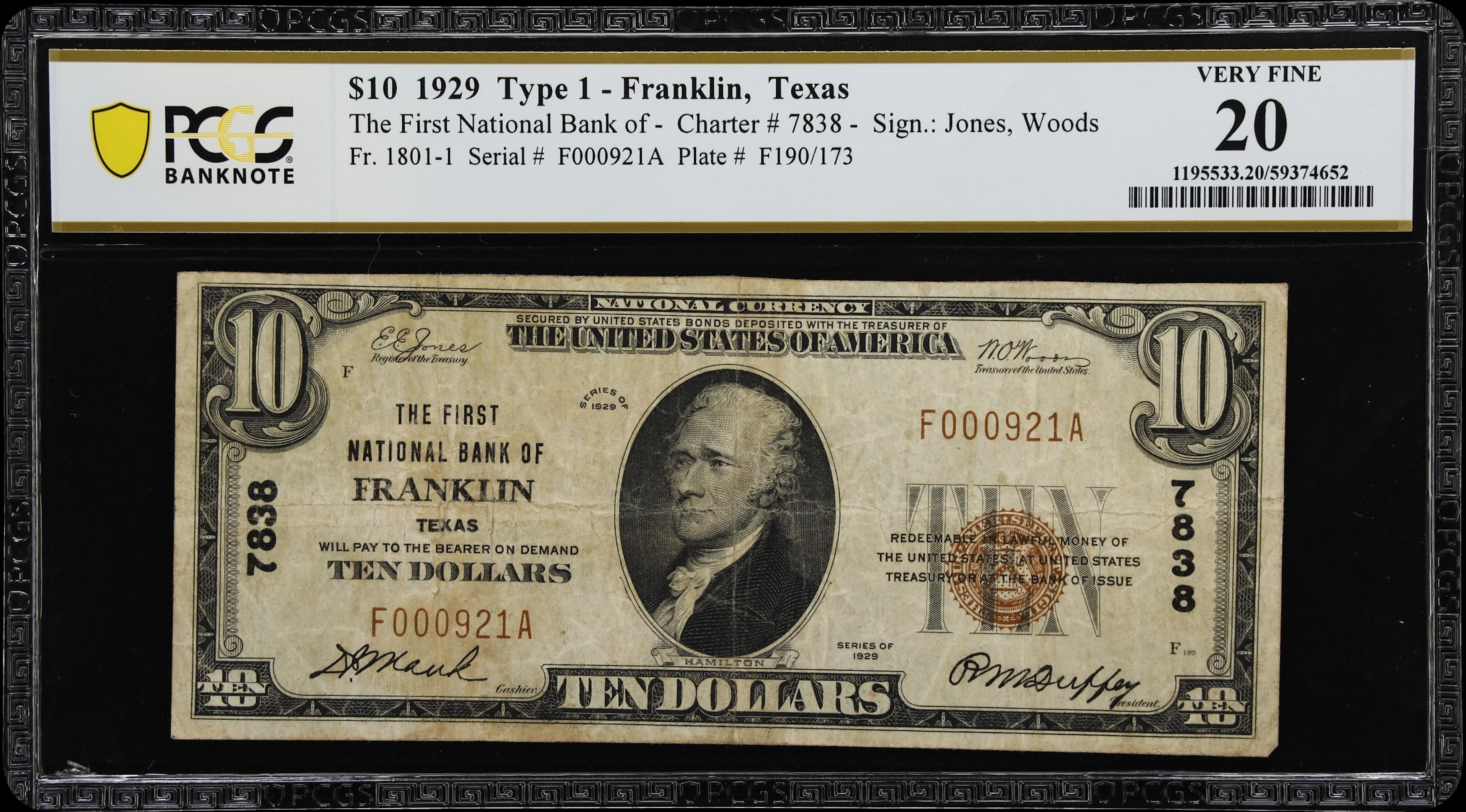 Franklin, Texas. $10 1929 Ty. 1. Fr. 1801-1. First NB. Charter #7838.