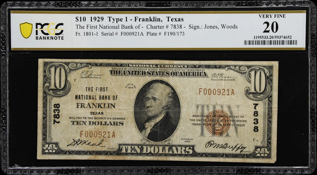 Franklin, Texas. $10 1929 Ty. 1. Fr. 1801-1. First NB. Charter #7838.