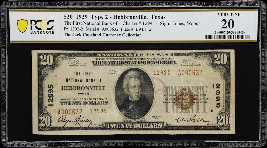 Hebbronville, Texas. $20 1929 Ty. 2. Fr. 1802-2. First NB. Charter