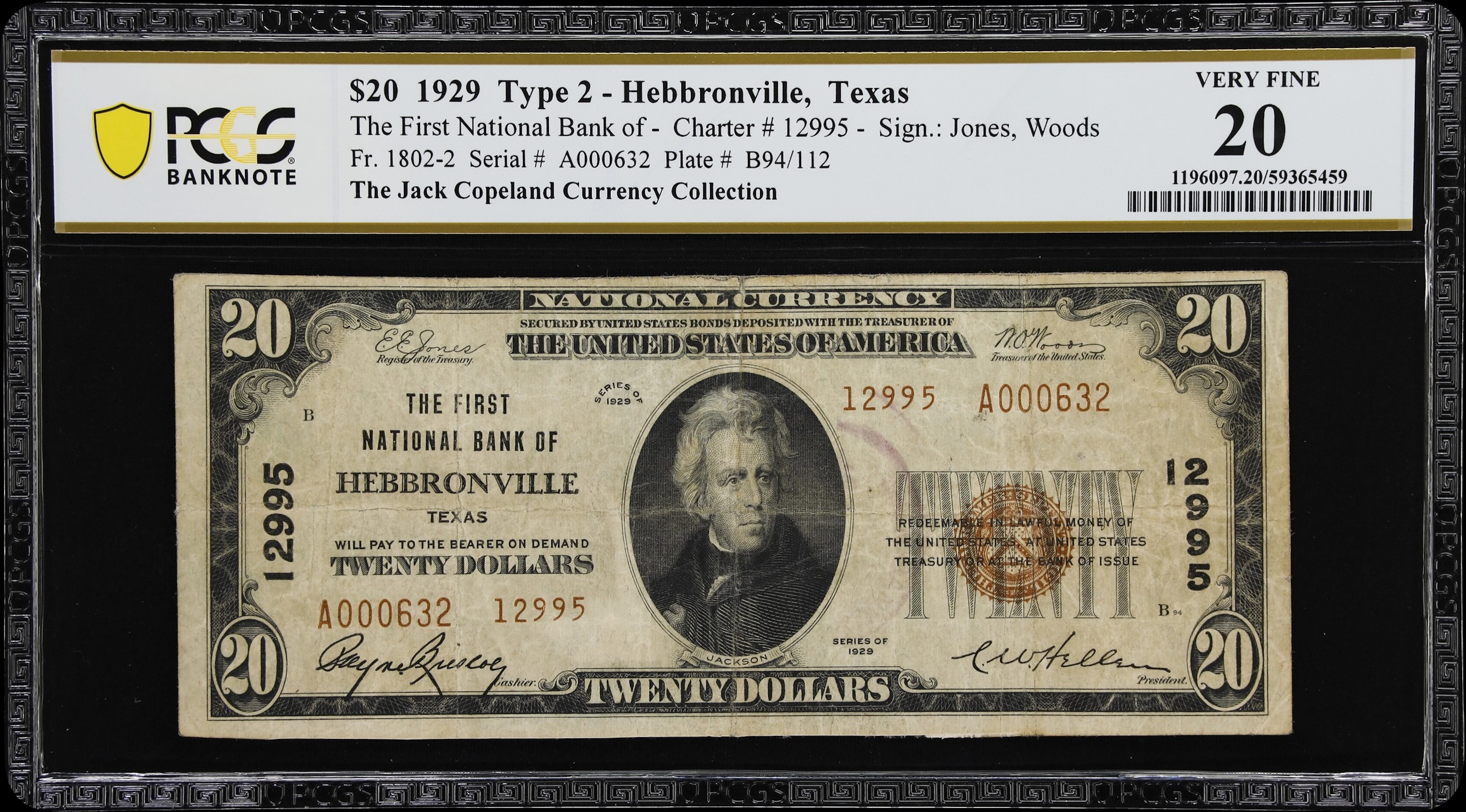 Hebbronville, Texas. $20 1929 Ty. 2. Fr. 1802-2. First NB. Charter