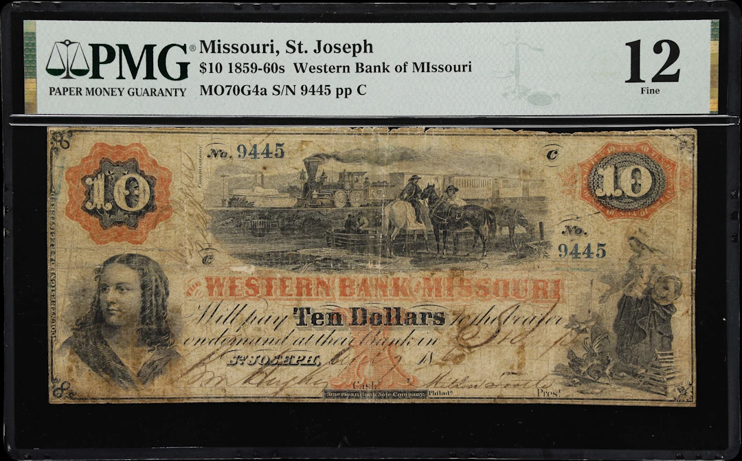 St. Joseph, Missouri. Western Bank of Missouri. 1860 $10. PMG Fine 12.