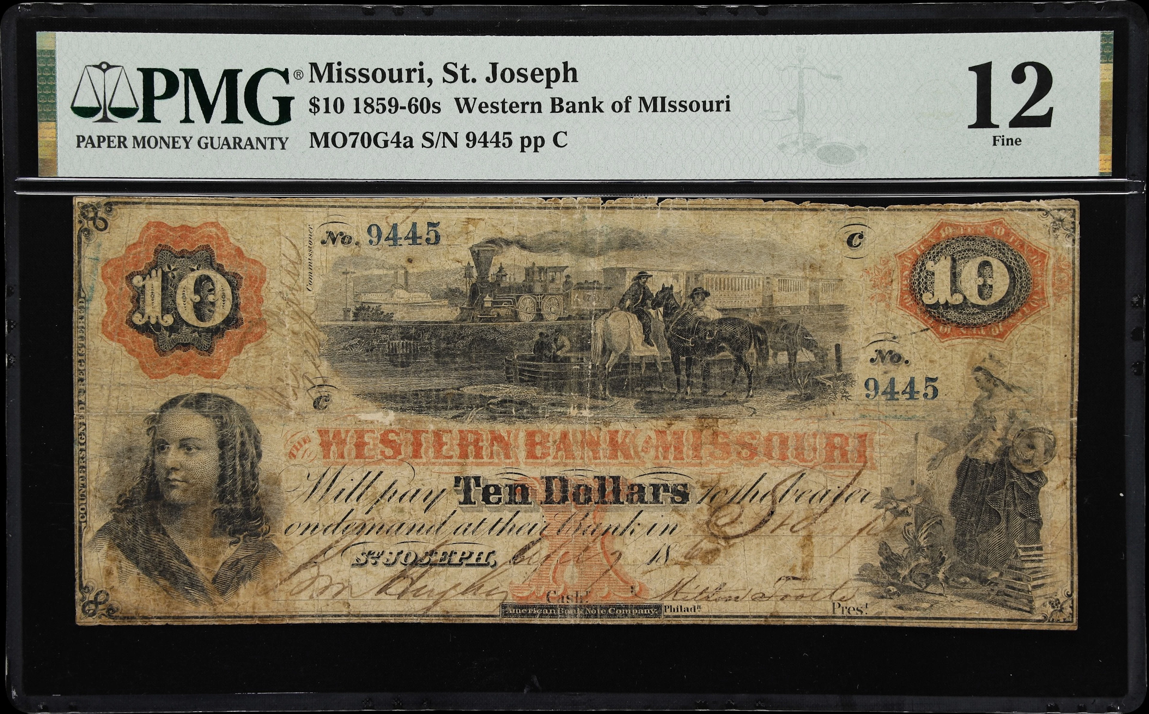 St. Joseph, Missouri. Western Bank of Missouri. 1860 $10. PMG Fine 12.