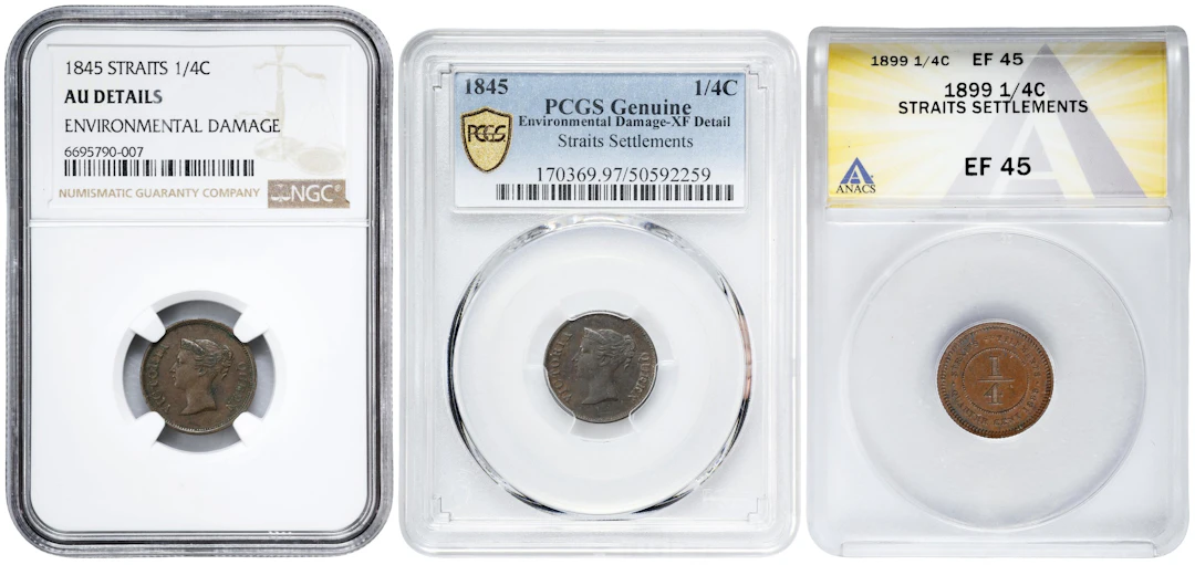 STRAITS SETTLEMENTS. Trio of 1/4 Cents (3 Pieces), 1845 & 1899. Victoria.