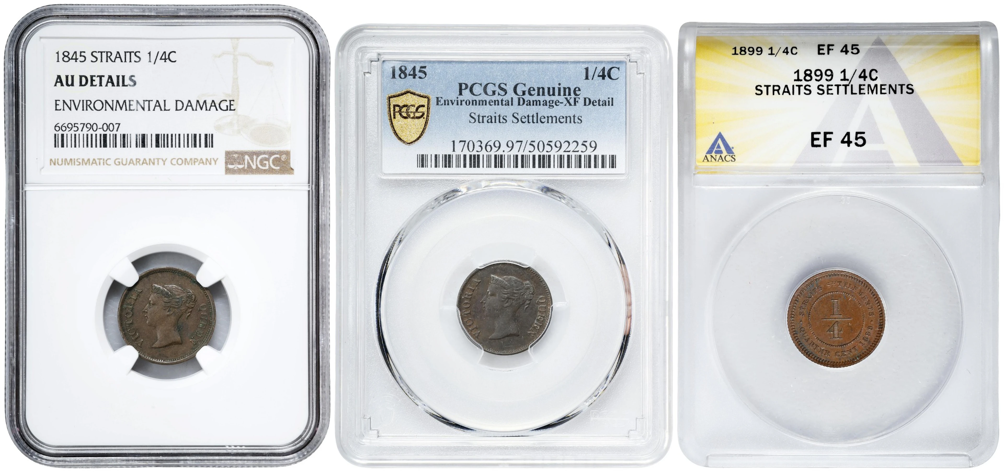 STRAITS SETTLEMENTS. Trio of 1/4 Cents (3 Pieces), 1845 & 1899. Victoria.