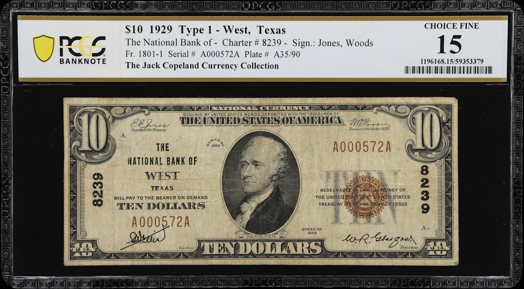 West, Texas. $10 1929 Ty. 1. Fr. 1801-1. NB. Charter #8239. PCGS Banknote
