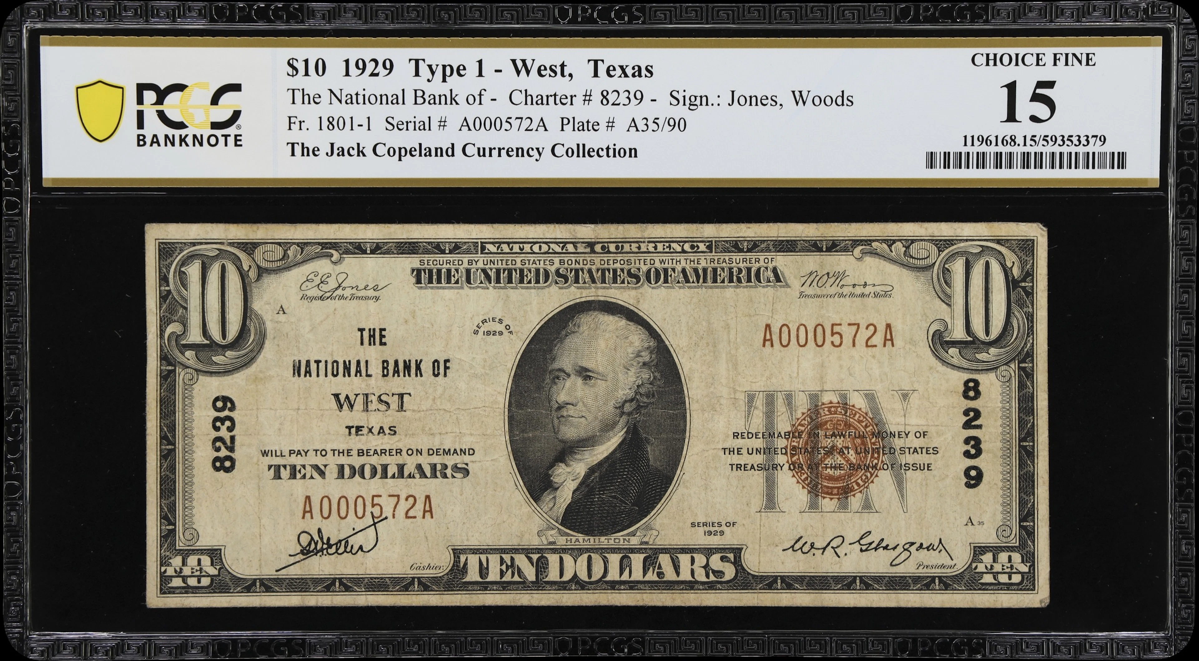 West, Texas. $10 1929 Ty. 1. Fr. 1801-1. NB. Charter #8239. PCGS Banknote