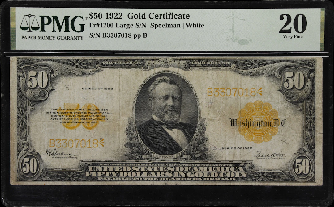 Fr. 1200. 1922 $50 Gold Certificate. PMG Very Fine 20.
