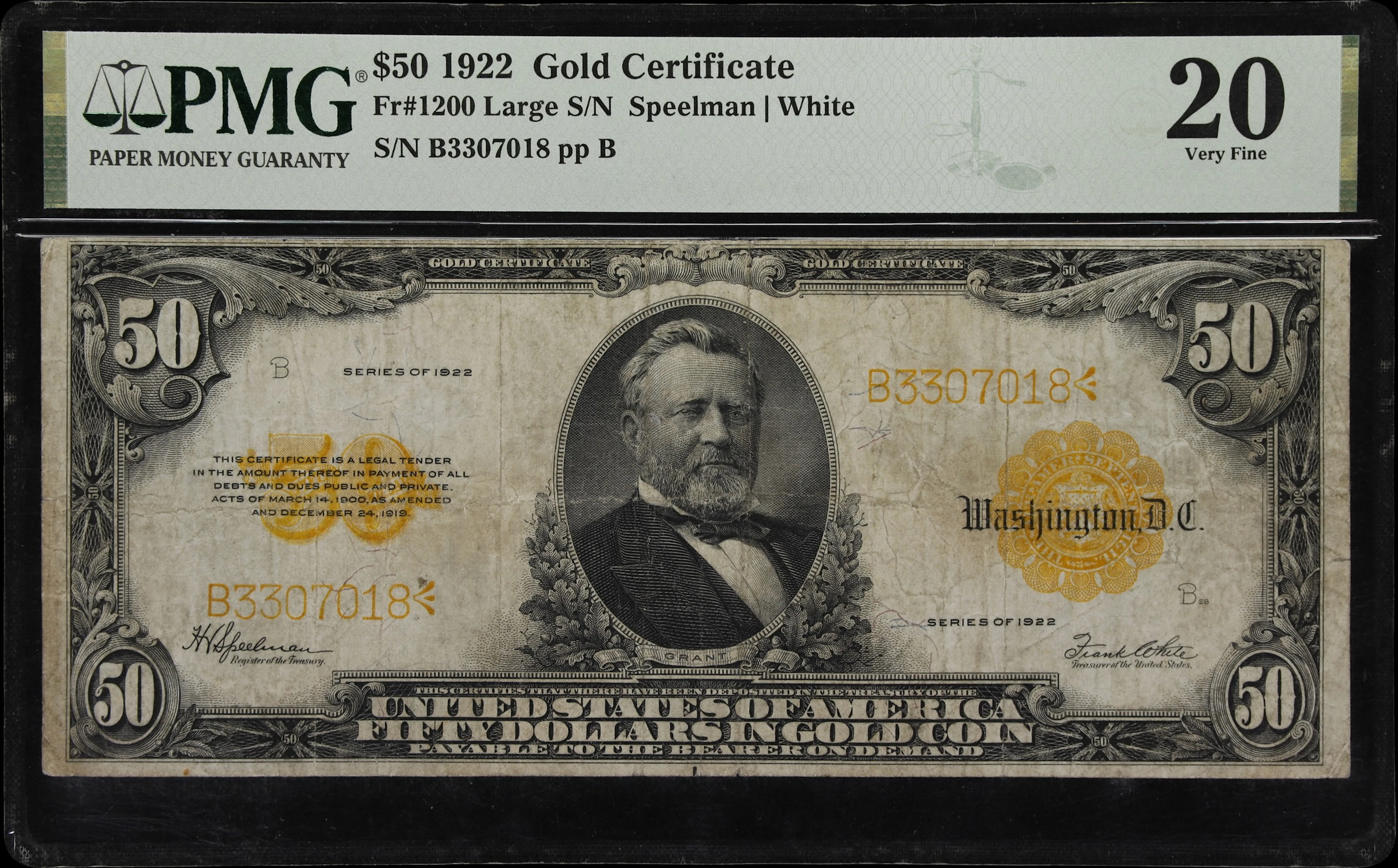 Fr. 1200. 1922 $50 Gold Certificate. PMG Very Fine 20.