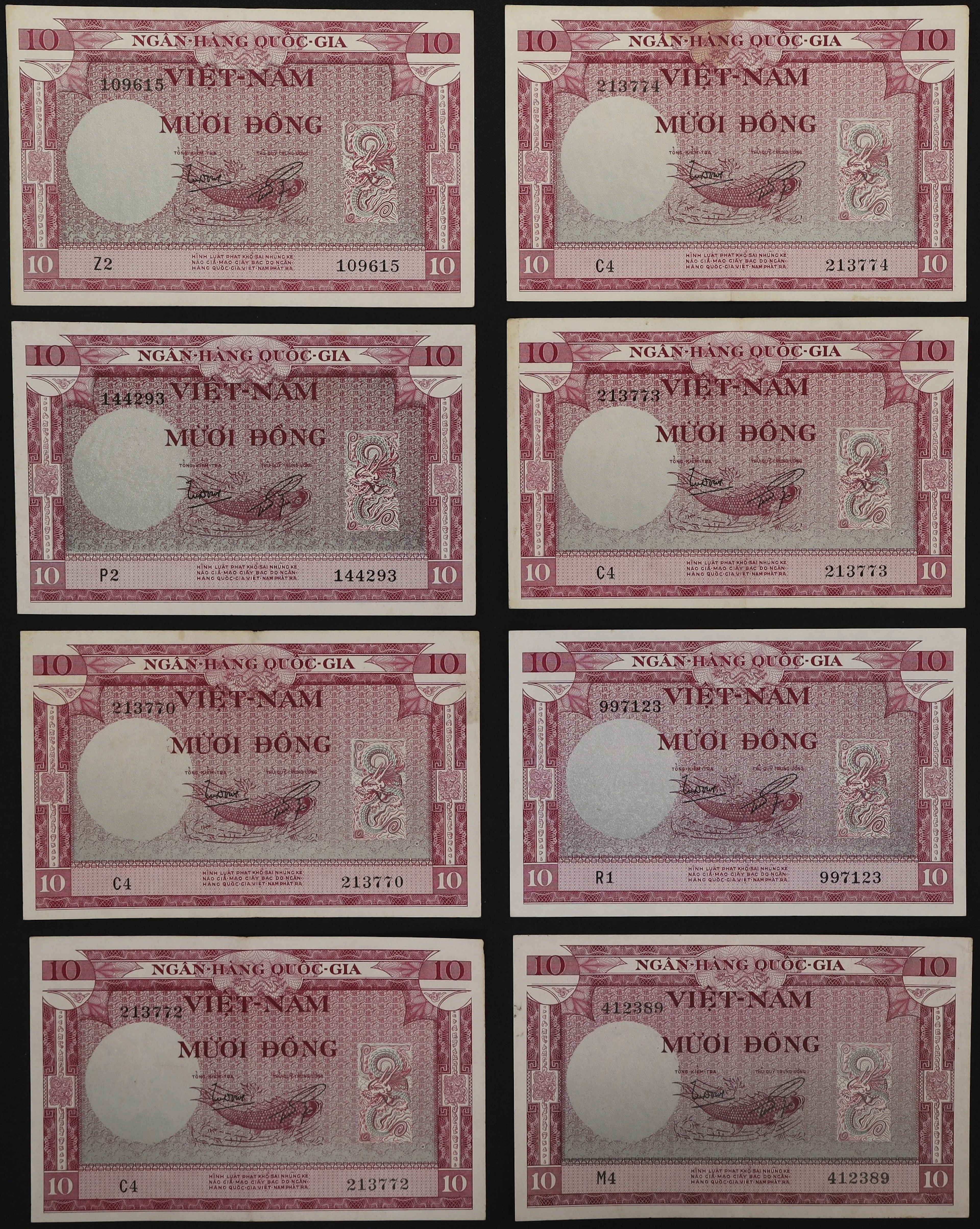VIETNAM, SOUTH. Lot of (8). National Bank of Vietnam. 10 Dong, ND