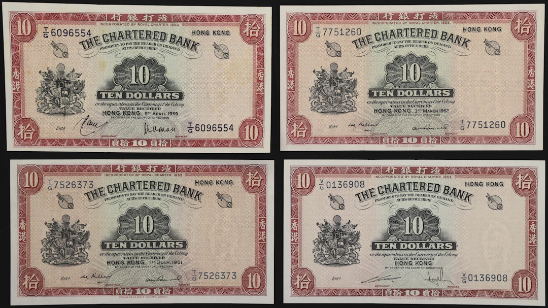 HONG KONG (SAR). Lot of (4). Chartered Bank. 10 Dollars, 1959-62 &