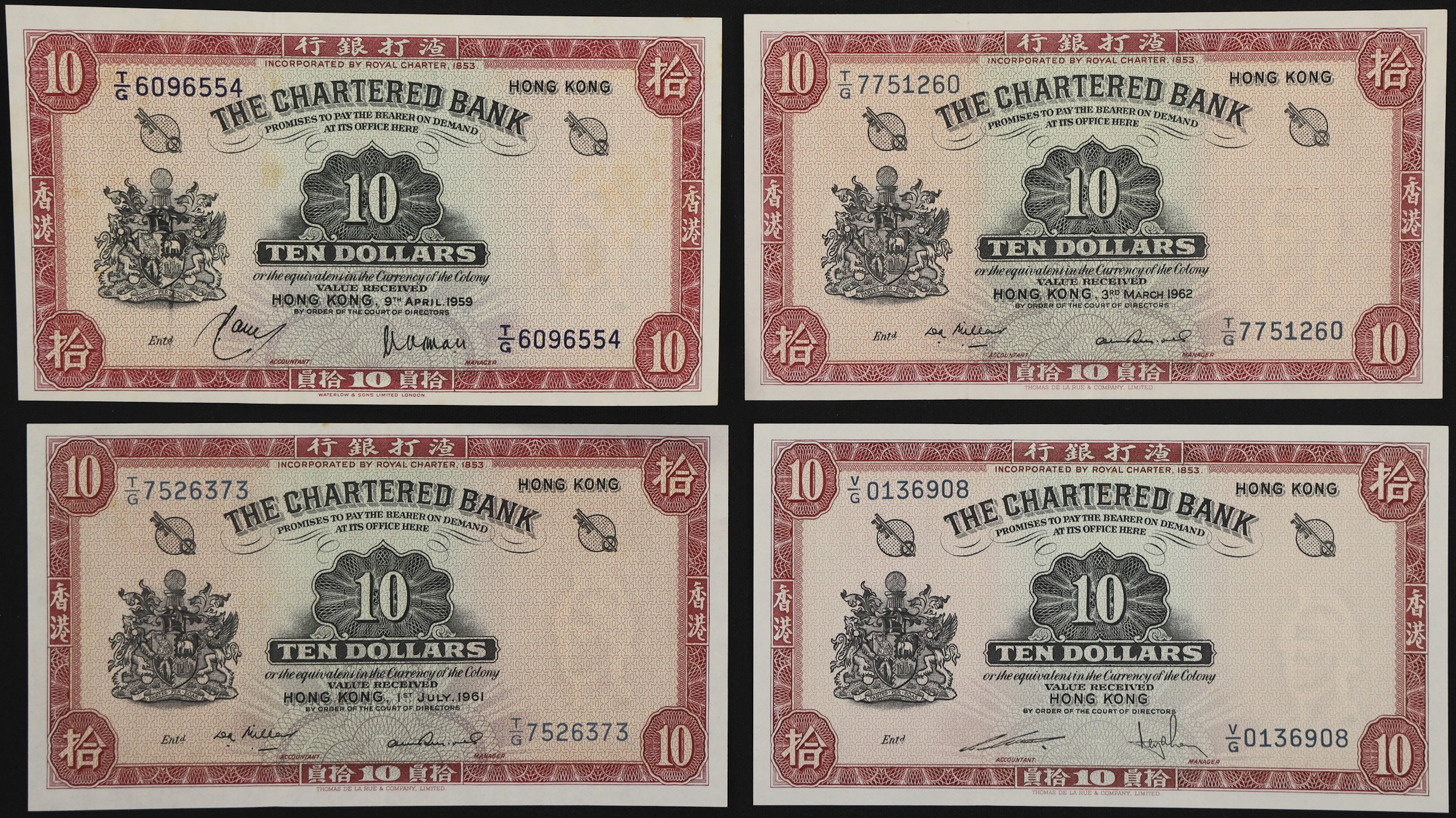 HONG KONG (SAR). Lot of (4). Chartered Bank. 10 Dollars, 1959-62 &