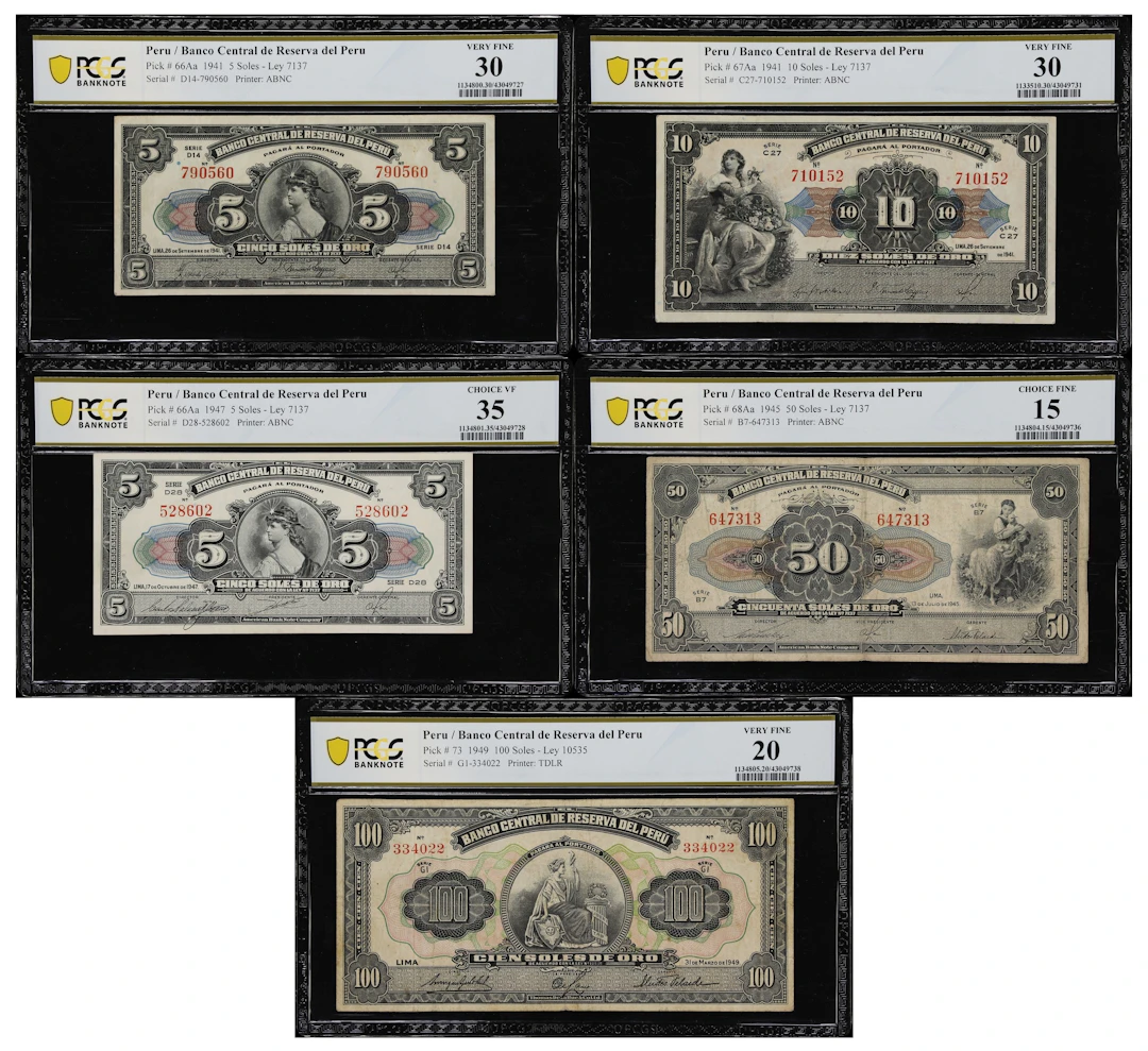 PERU. Lot of (5). Banco Central de Reserve del Peru. 5, 10, 50, &
