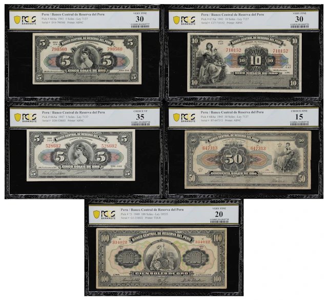 PERU. Lot of (5). Banco Central de Reserve del Peru. 5, 10, 50, &