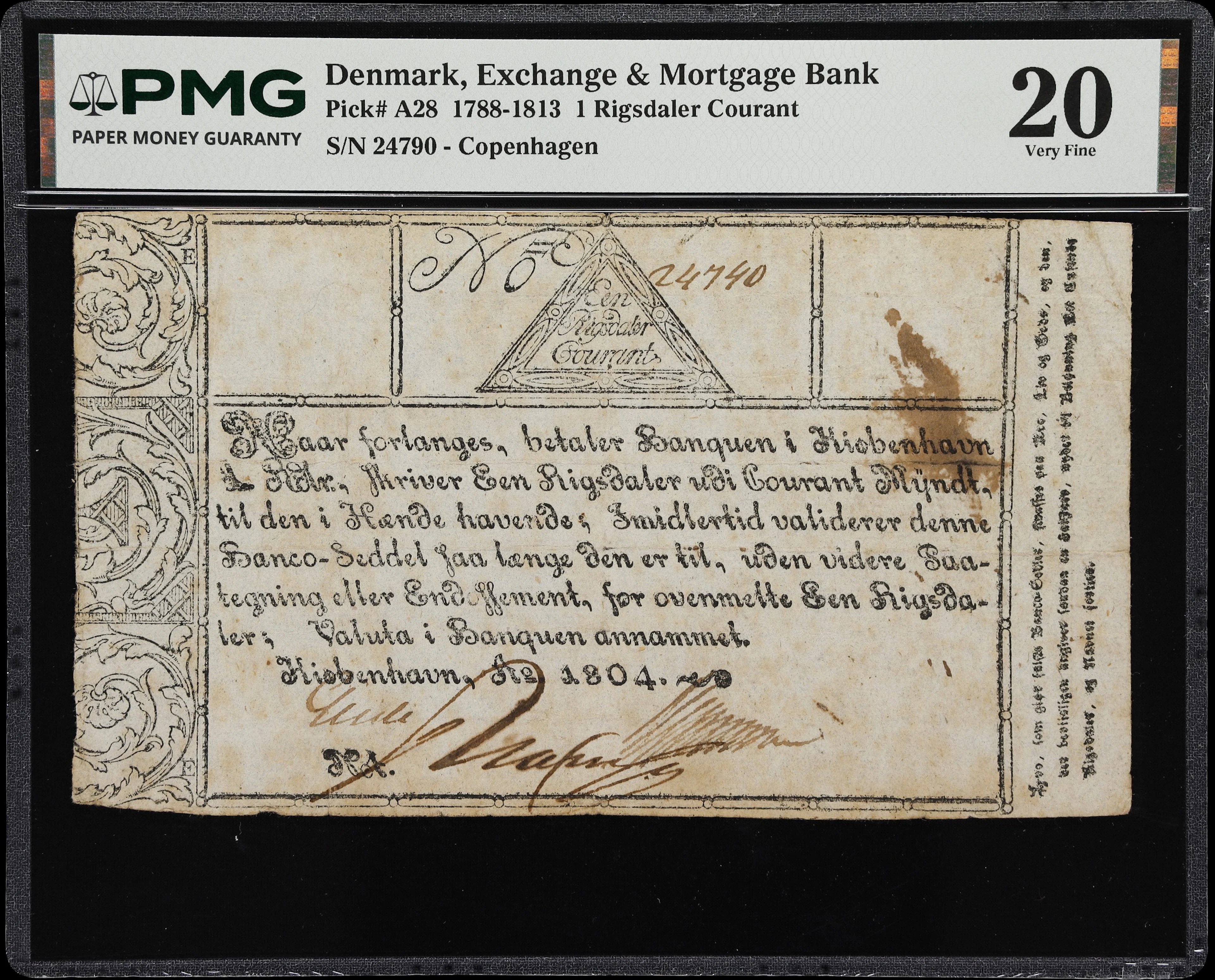 (◊) DENMARK. Exchange & Mortgage Bank. 1 Rigsdaler Courant, 1804.