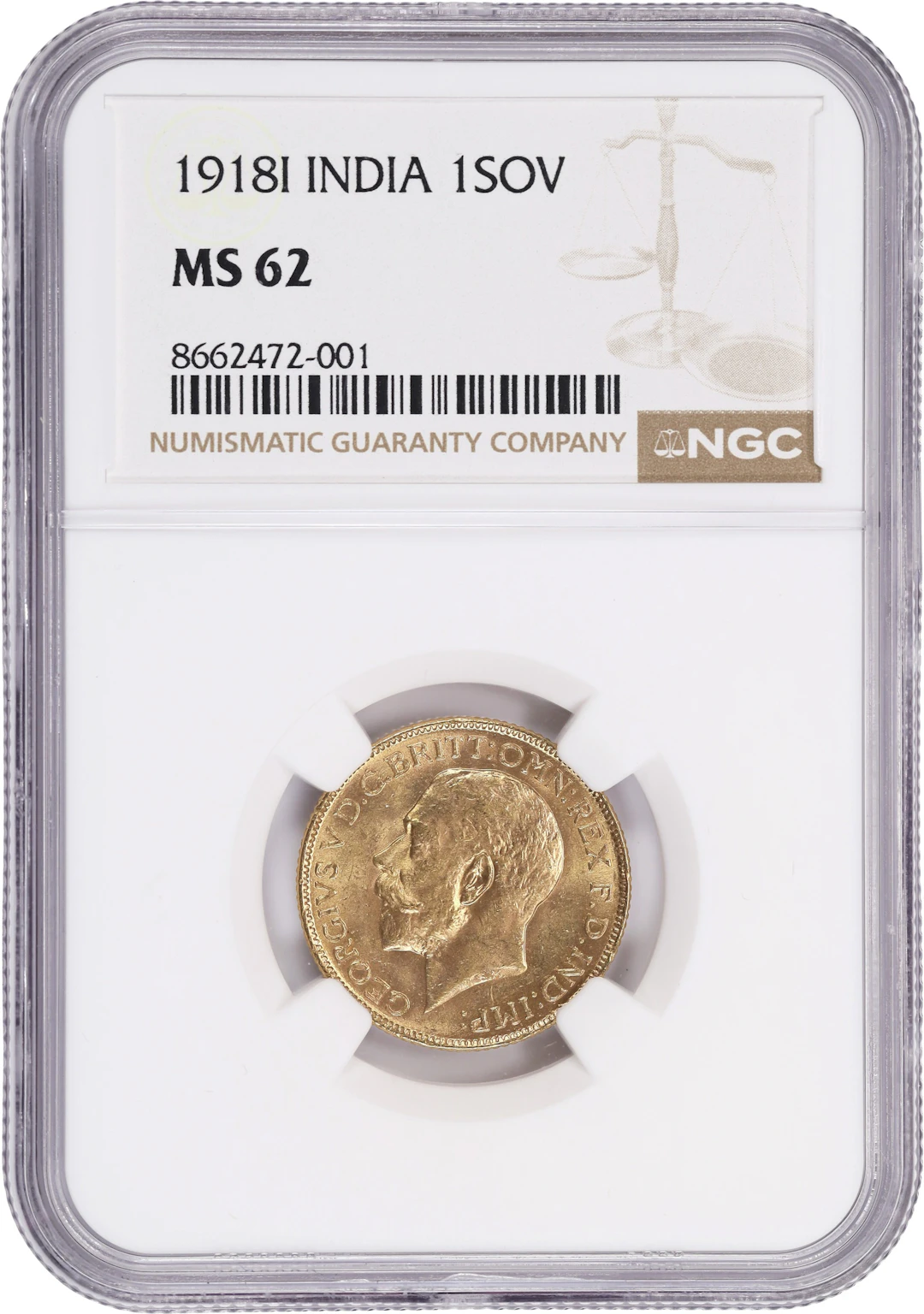 (0.236 oz, 7.325 g AGW). India. 1918-I Gold Sovereign. MS-62 (NGC).