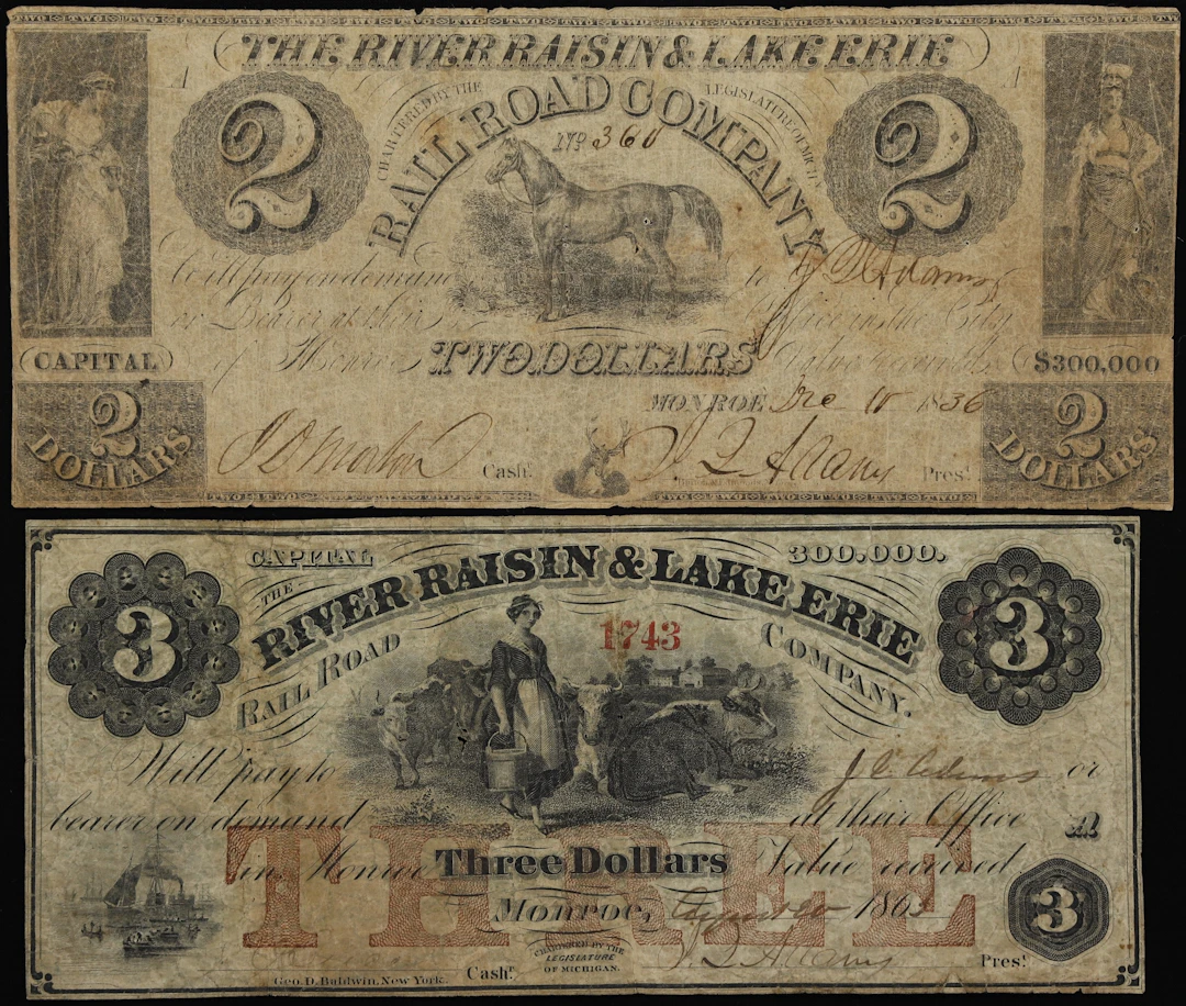 Lot of (2) Monroe, Michigan. River Raisin & Lake Erie Rail Road Company.