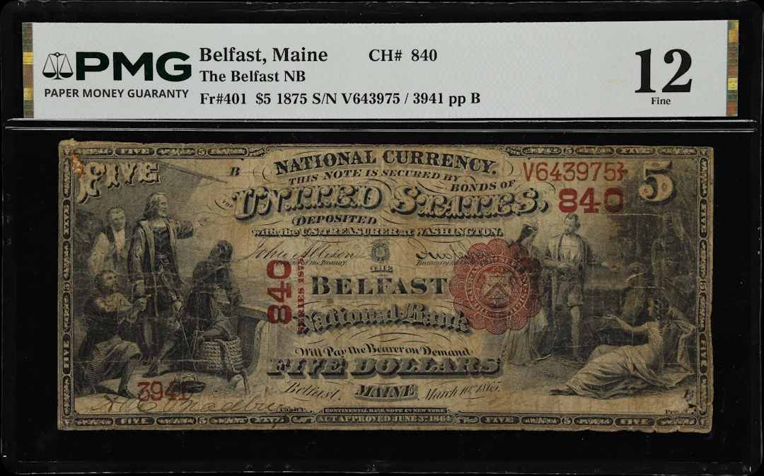 Belfast, Maine. $5 1875. Fr. 401. Belfast NB. Charter #840. PMG Fine 12.