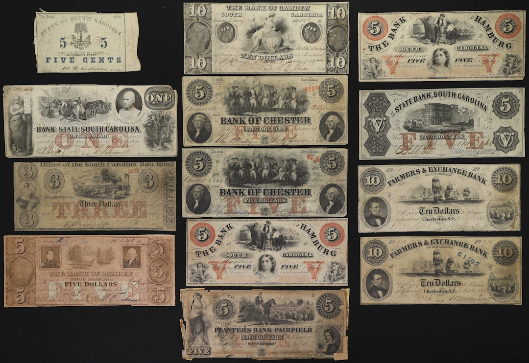 (13) South Carolina Obsoletes. Mixed Issuers. 1850s - 60s Mixed Denominations.