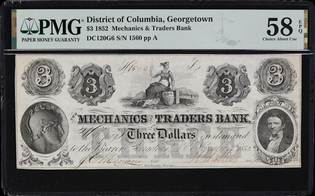 Georgetown, District of Columbia. Mechanics & Traders Bank. 1852 $3.
