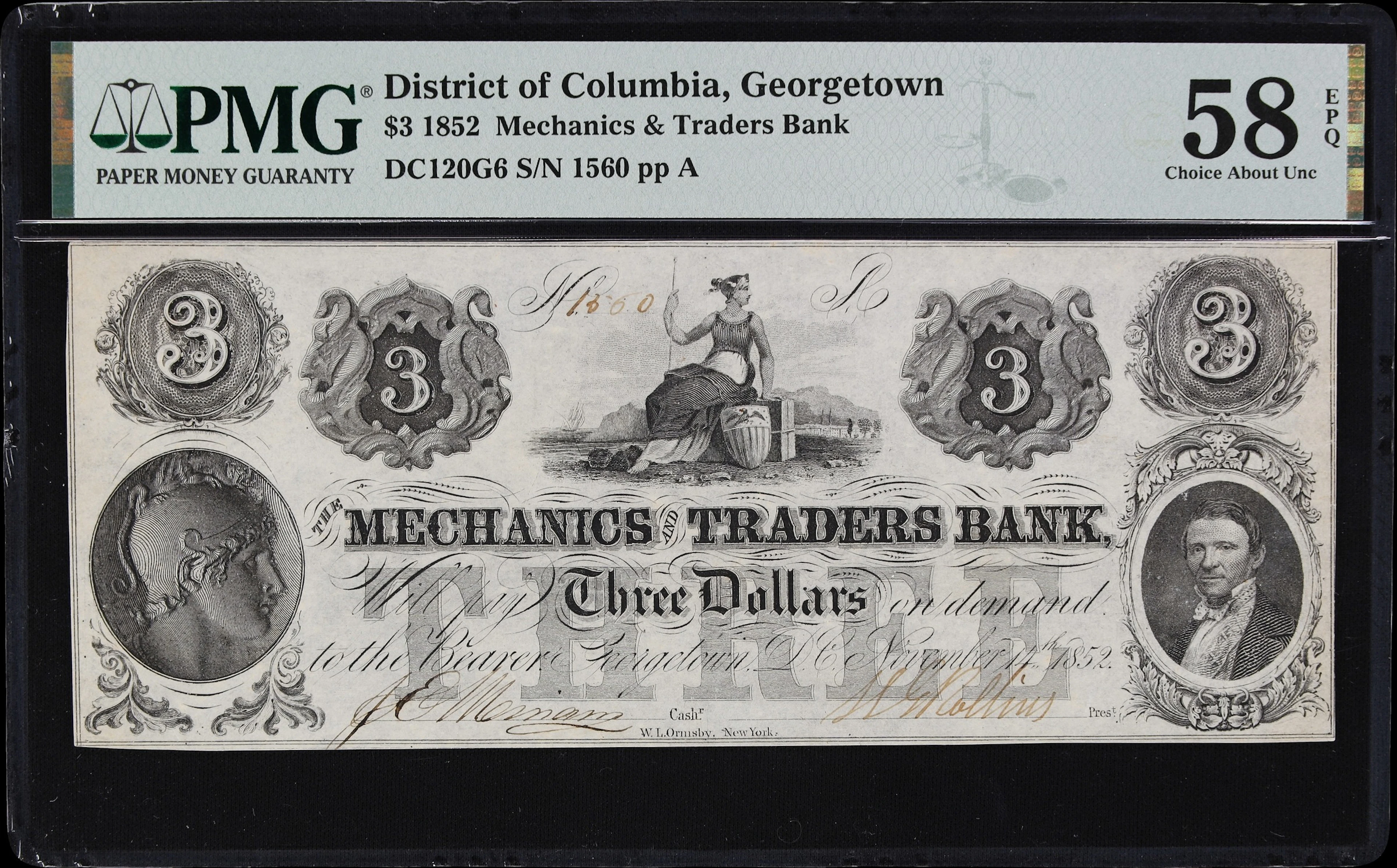 Georgetown, District of Columbia. Mechanics & Traders Bank. 1852 $3.