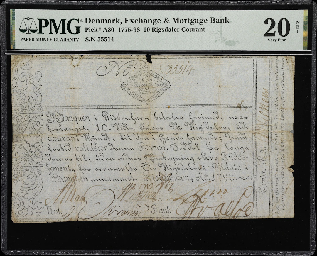 (◊) DENMARK. Exchange & Mortgage Bank. 10 Rigsdaler Courant, 1793.