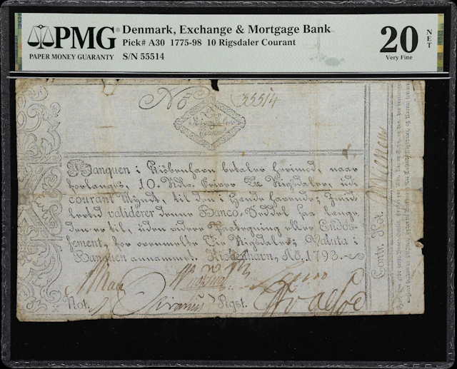 (◊) DENMARK. Exchange & Mortgage Bank. 10 Rigsdaler Courant, 1793.