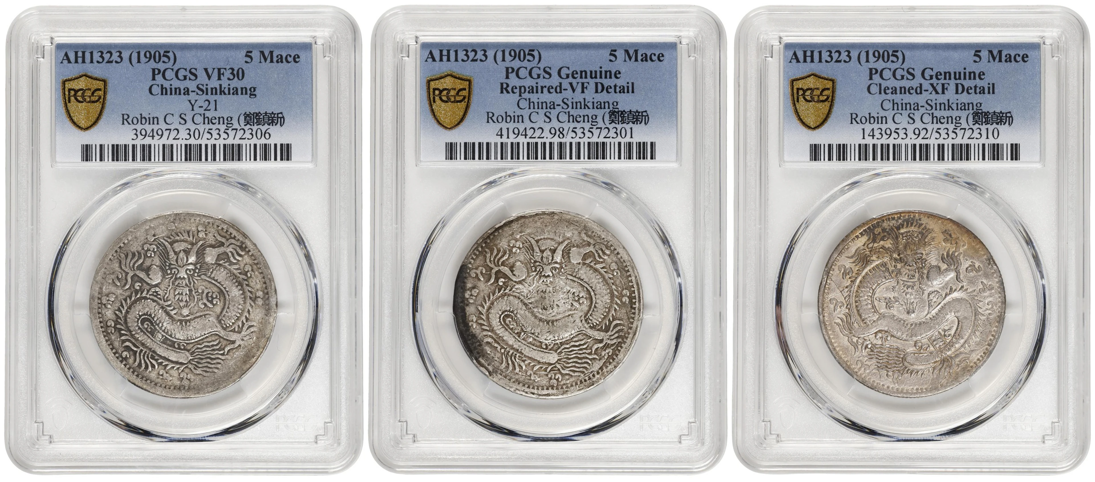 (t) CHINA. Sinkiang. Trio of 5 Mace (Miscals) (3 Pieces), AH 1323