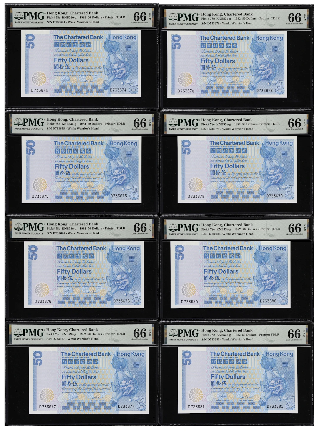 HONG KONG (SAR). Lot of (8). Chartered Bank. 50 Dollars, 1.1.1982.