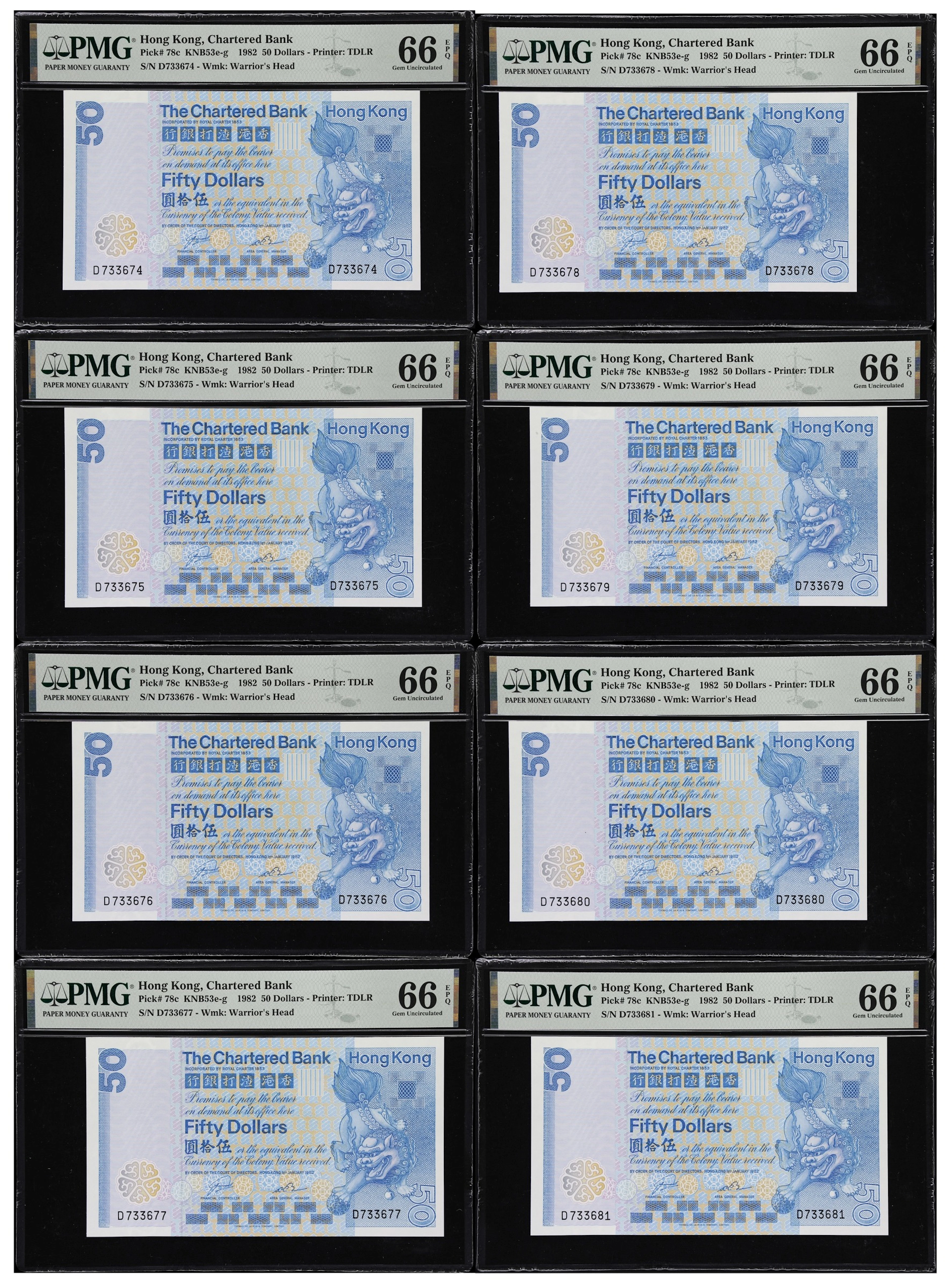 HONG KONG (SAR). Lot of (8). Chartered Bank. 50 Dollars, 1.1.1982.