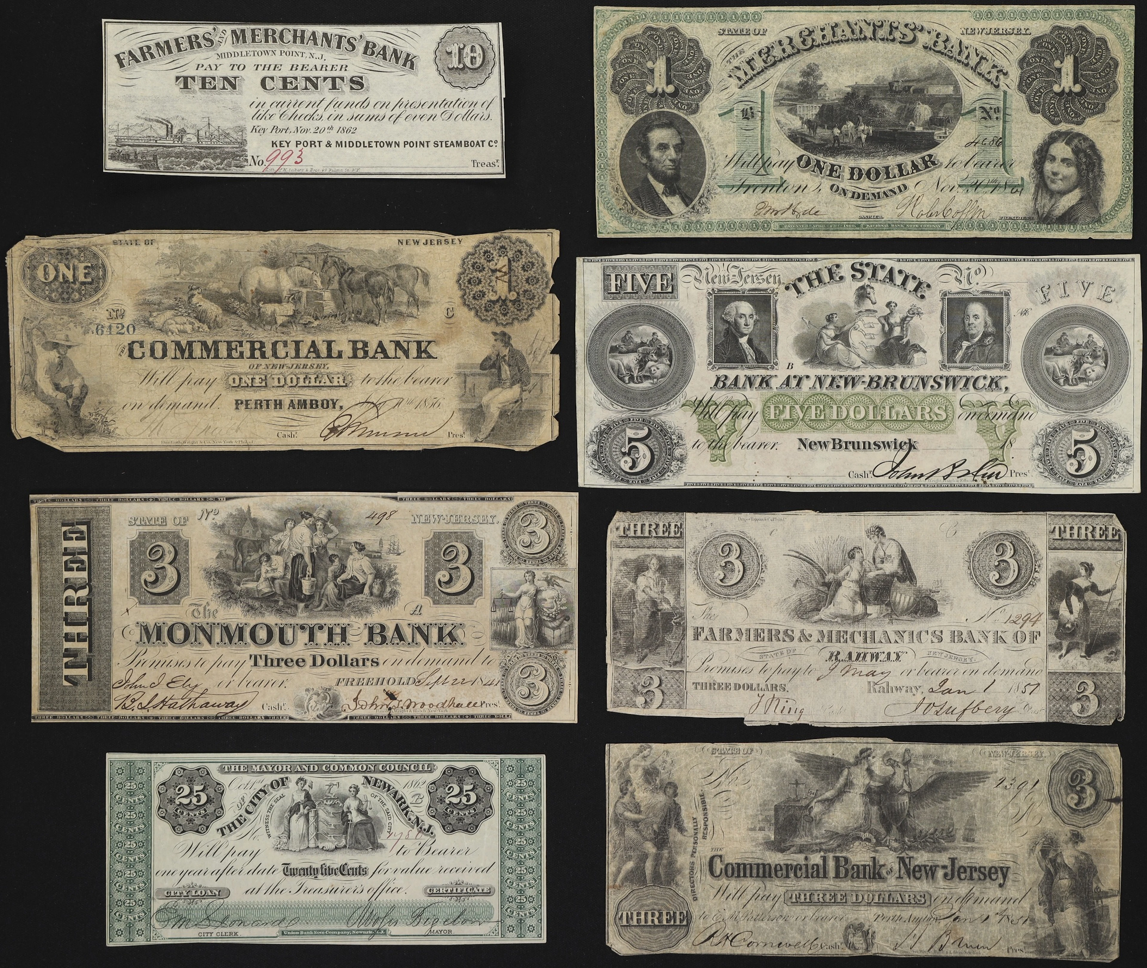 Lot of (8) New Jersey Obsoletes. Mixed Issuers. 1850s - 62 Mixed Denominations.