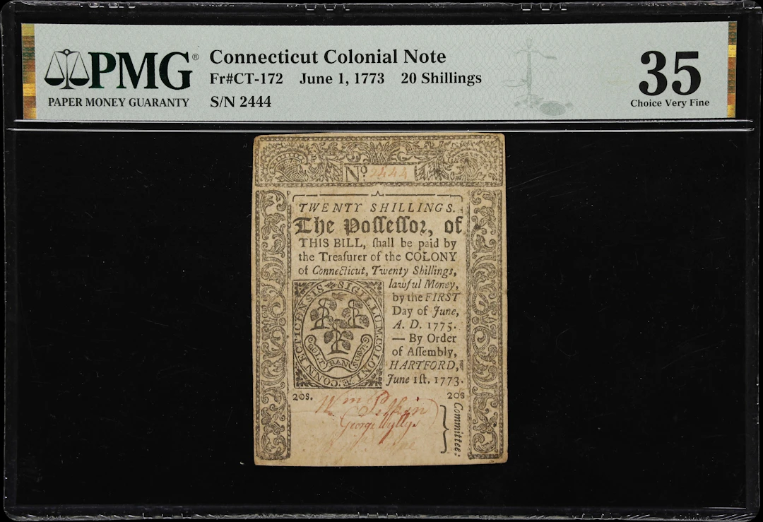 CT-172. Connecticut. June 1, 1773. 20 Shillings. PMG Choice Very Fine 35.