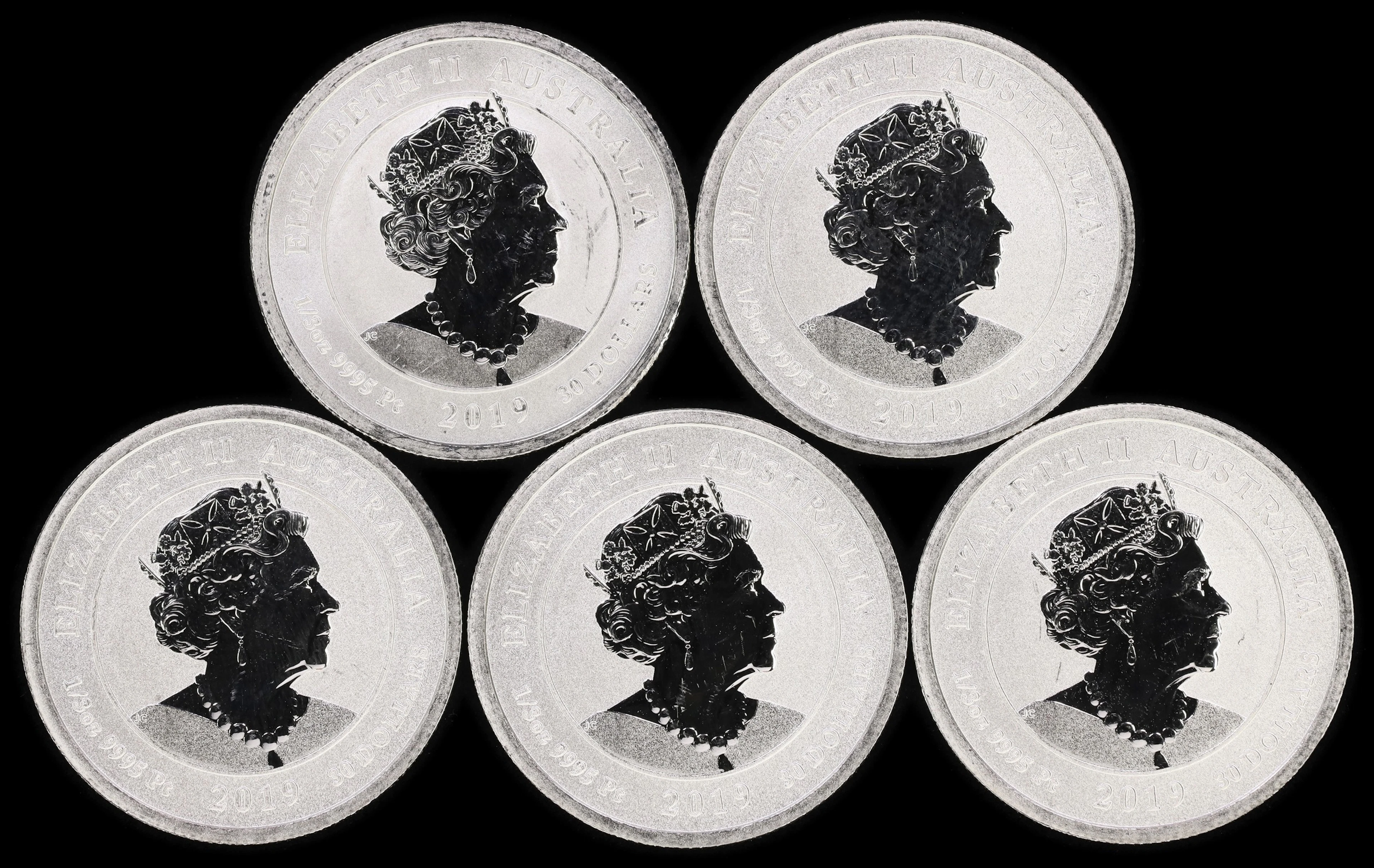(1.667 oz, 51.84 g APtW). Australia. Lot of (5) 2019 Humpback Whale