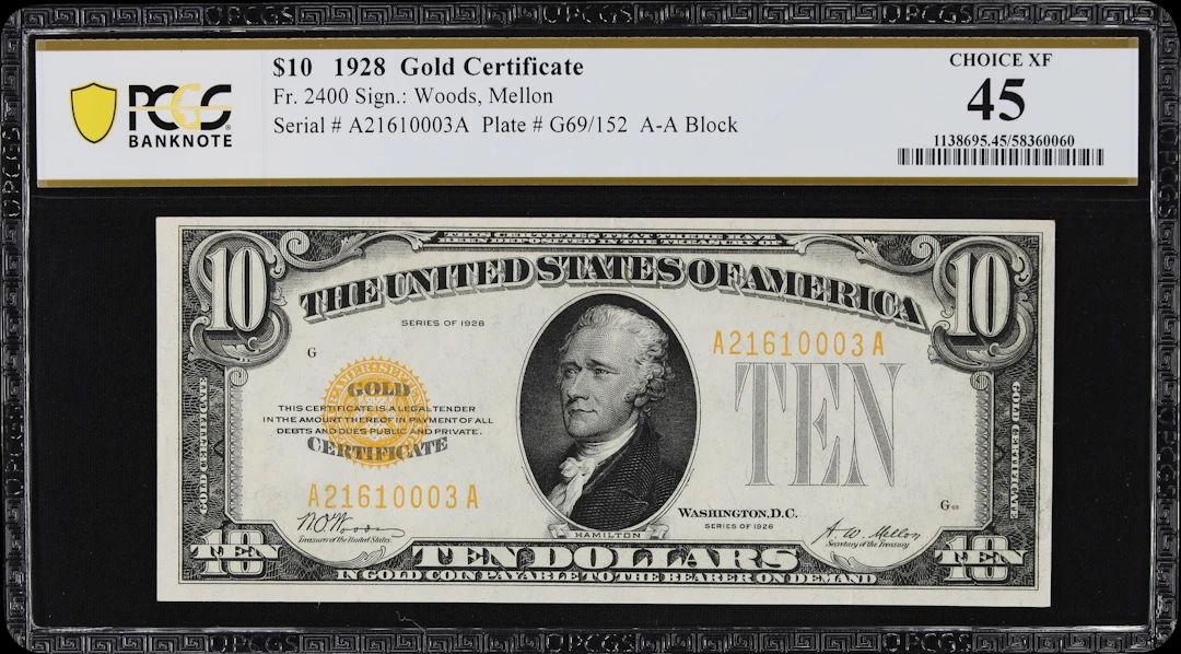 Fr. 2400. 1928 $10 Gold Certificate. PCGS Banknote Choice Extremely Fine 45.