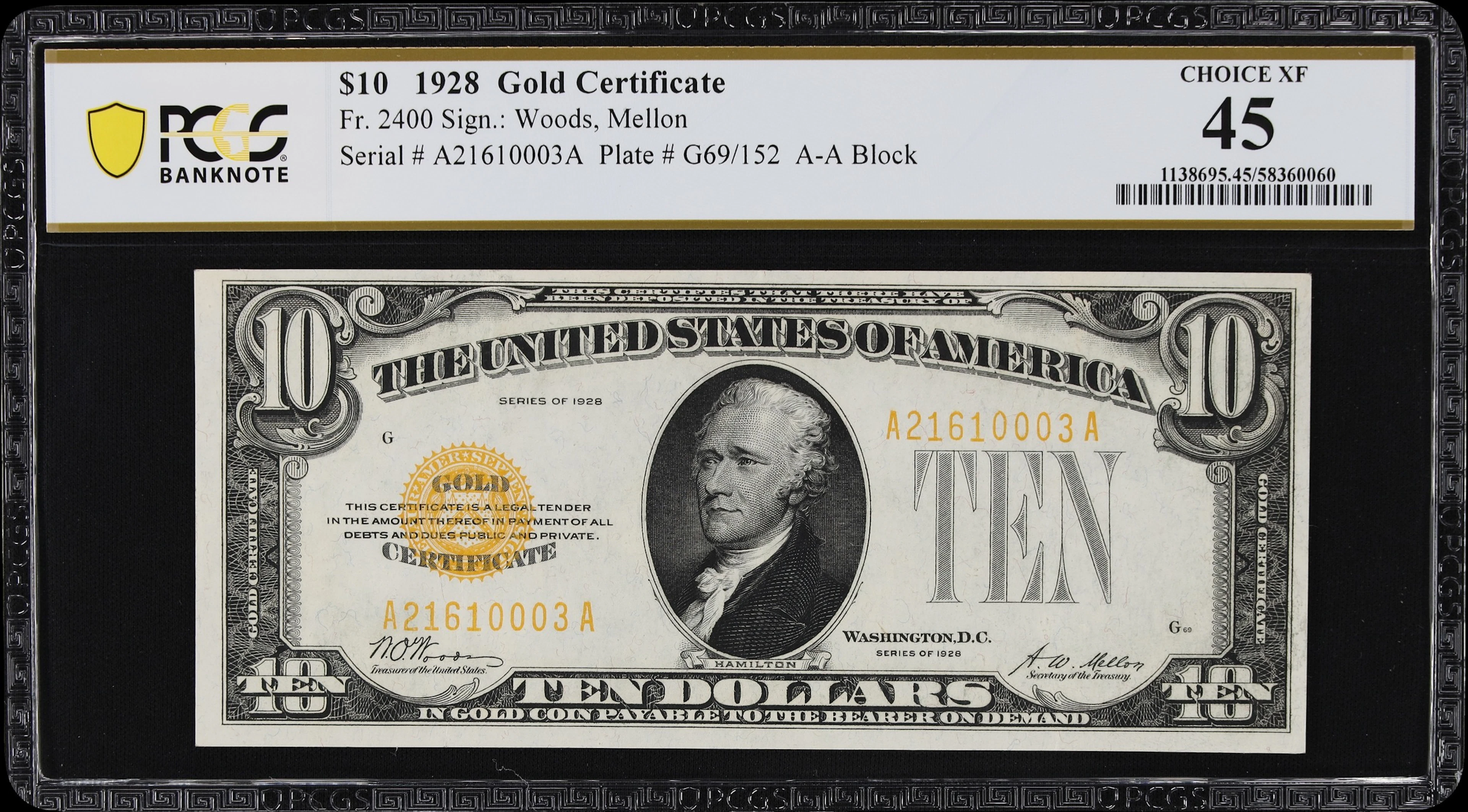 Fr. 2400. 1928 $10 Gold Certificate. PCGS Banknote Choice Extremely Fine 45.