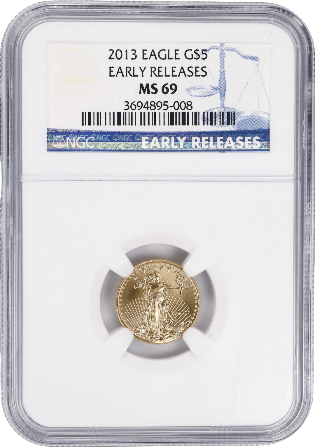 (0.1 oz, 3.11 g AGW). 2013 American Gold Eagle $5. MS-69 (NGC).