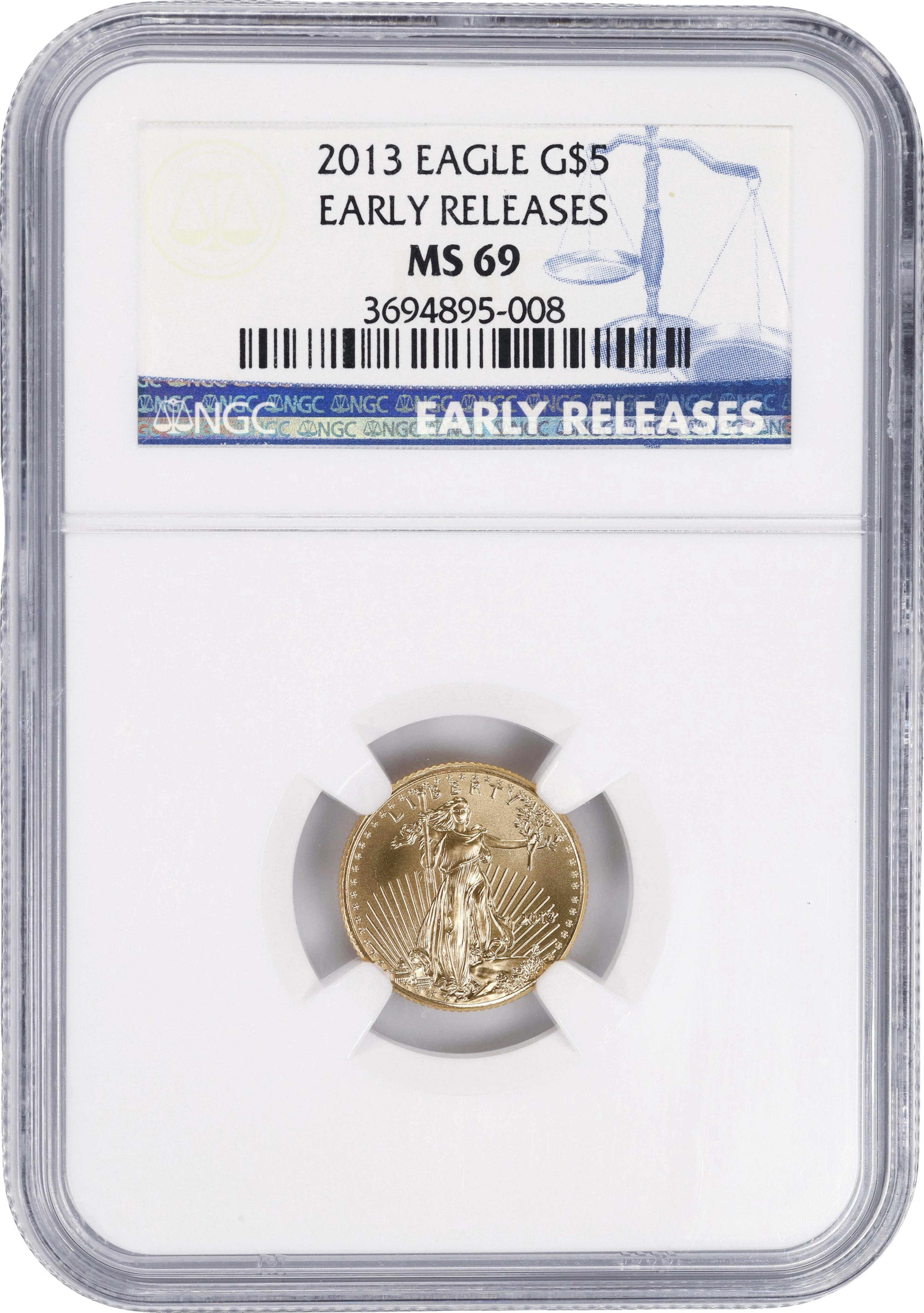 (0.1 oz, 3.11 g AGW). 2013 American Gold Eagle $5. MS-69 (NGC).